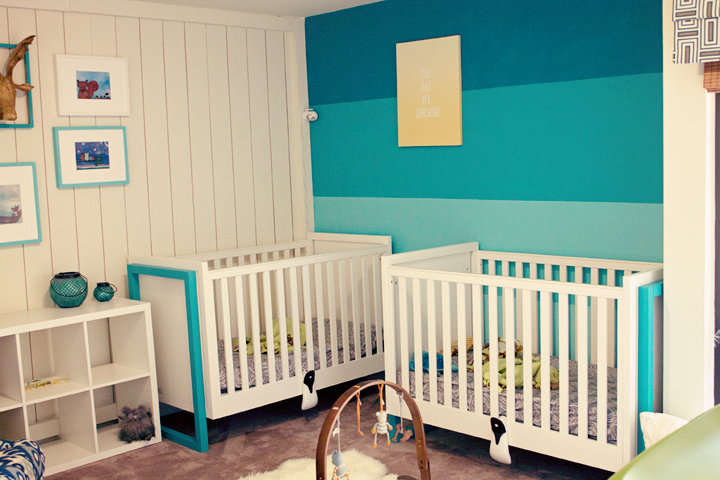 Modern Twin Nursery with Ombre Blue Accent Wall