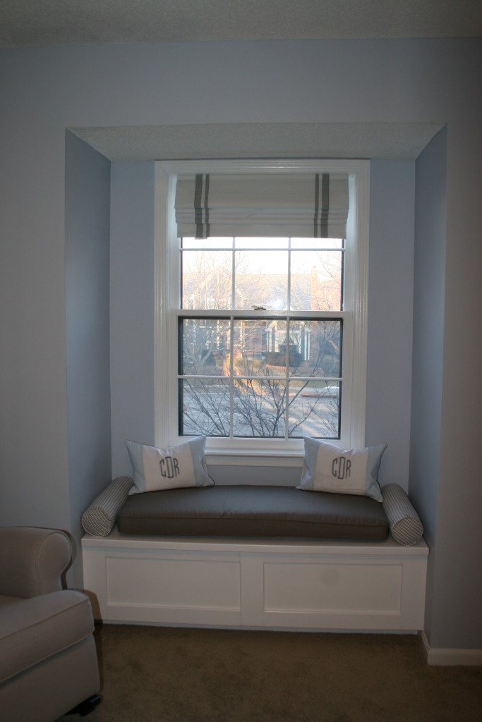 Window Seat in this Blue and Gray Nursery