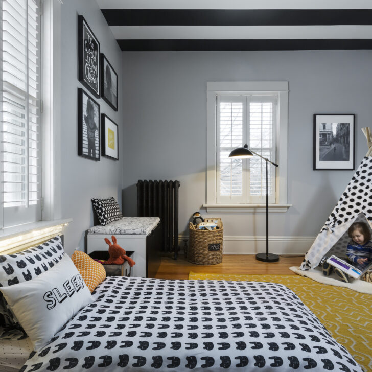 Modern Toddler Boy Room with Striped Ceiling