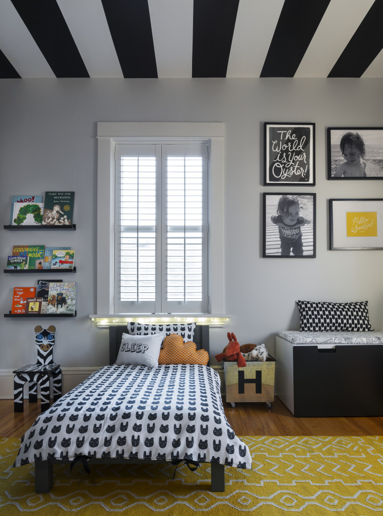 Graphic and Modern Toddler Boy Room with Striped Ceiling