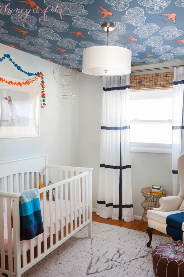 Blue and Orange Nursery with Wallpapered Ceiling - Project Nursery