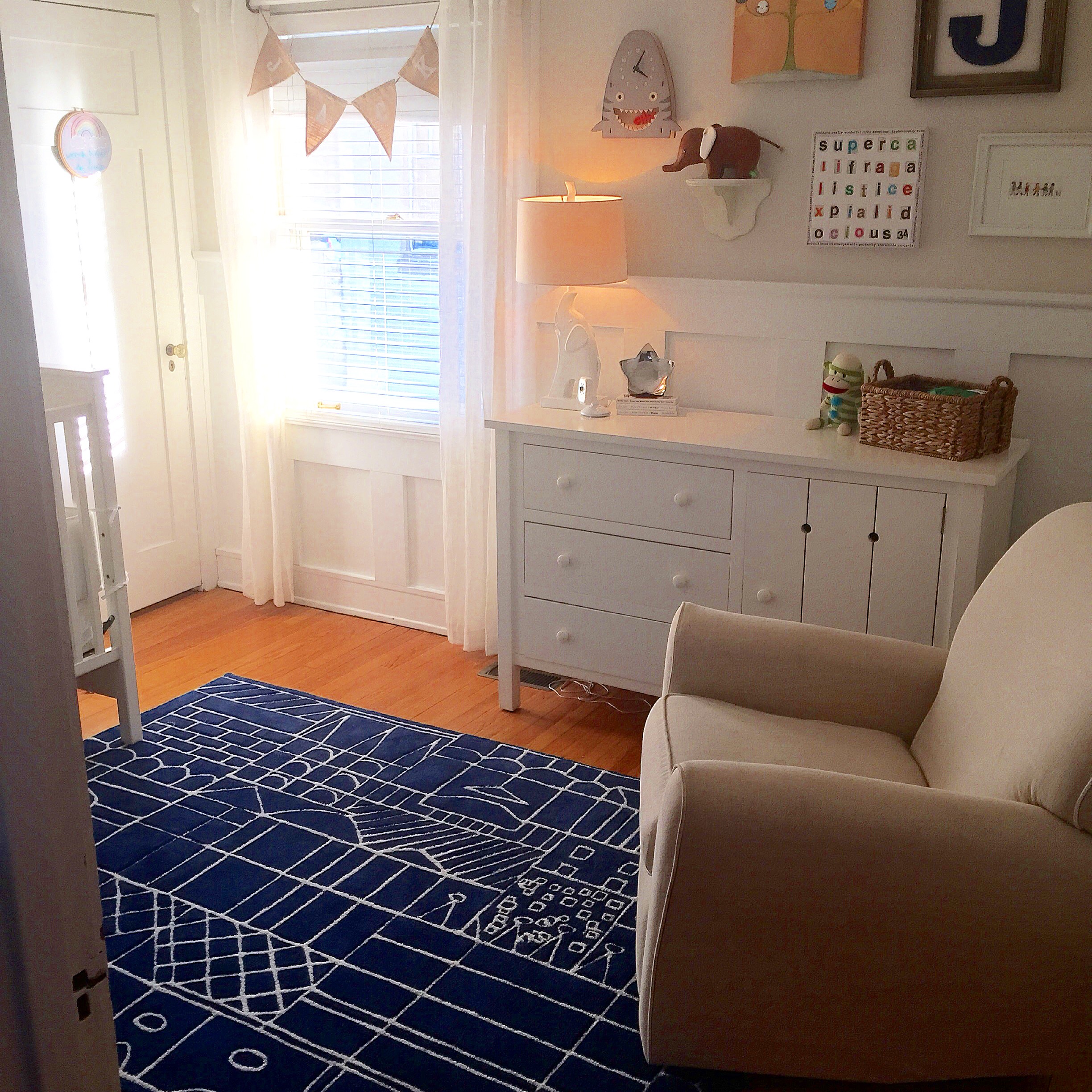 Nursery with Graphic Navy Blue Area Rug