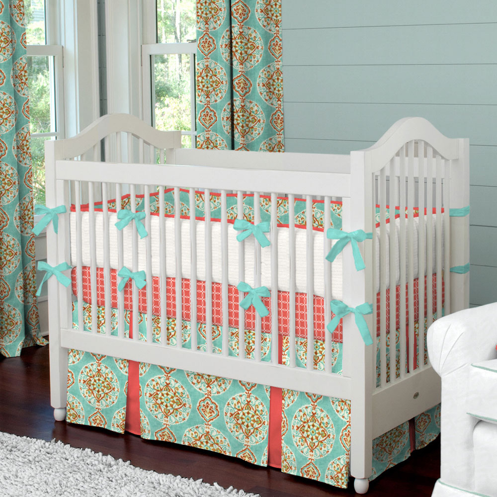 Coral and Aqua Medallion Crib Bedding from Carousel Designs