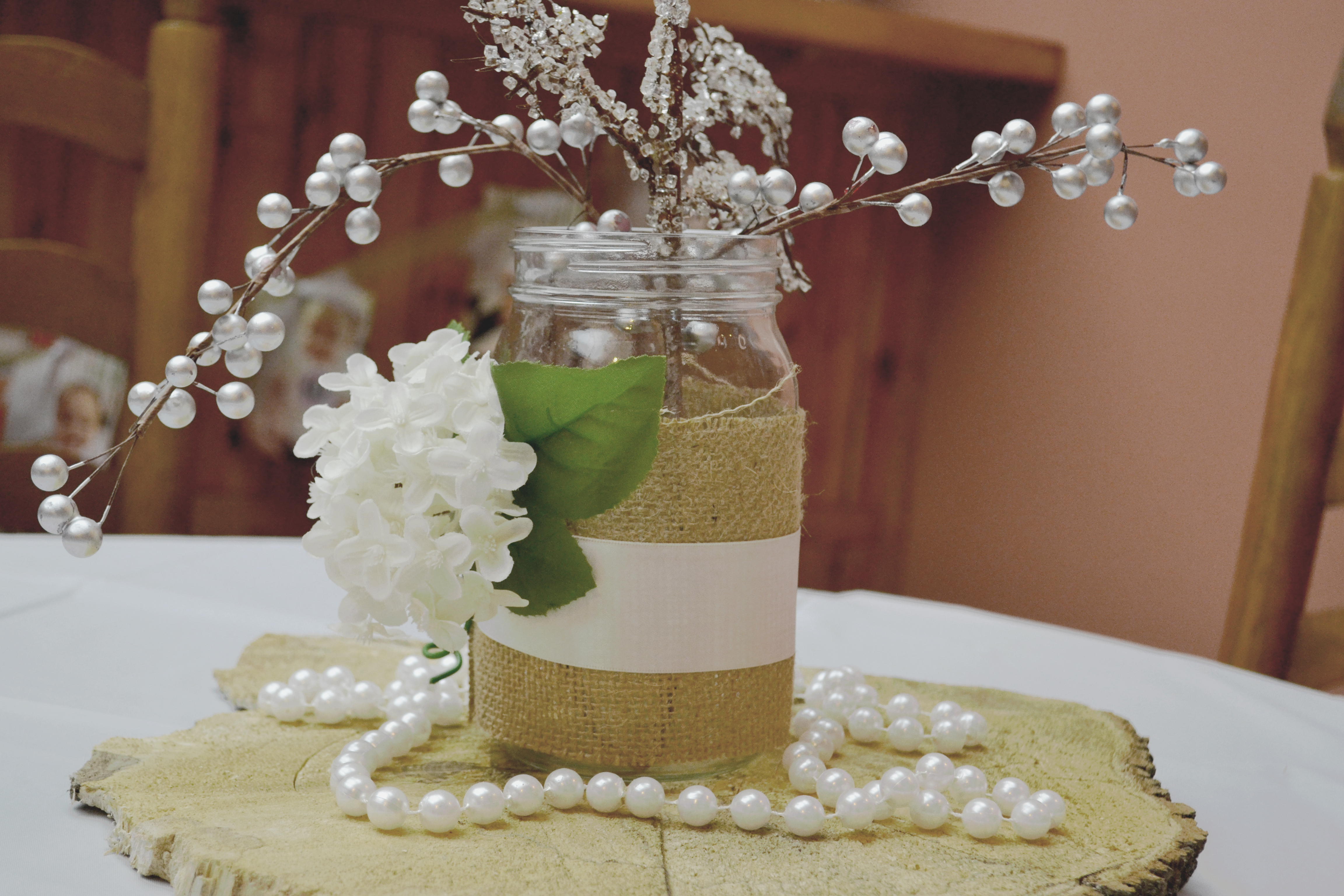 Rustic Winter Onederland Centerpiece with Pearls and Burlap