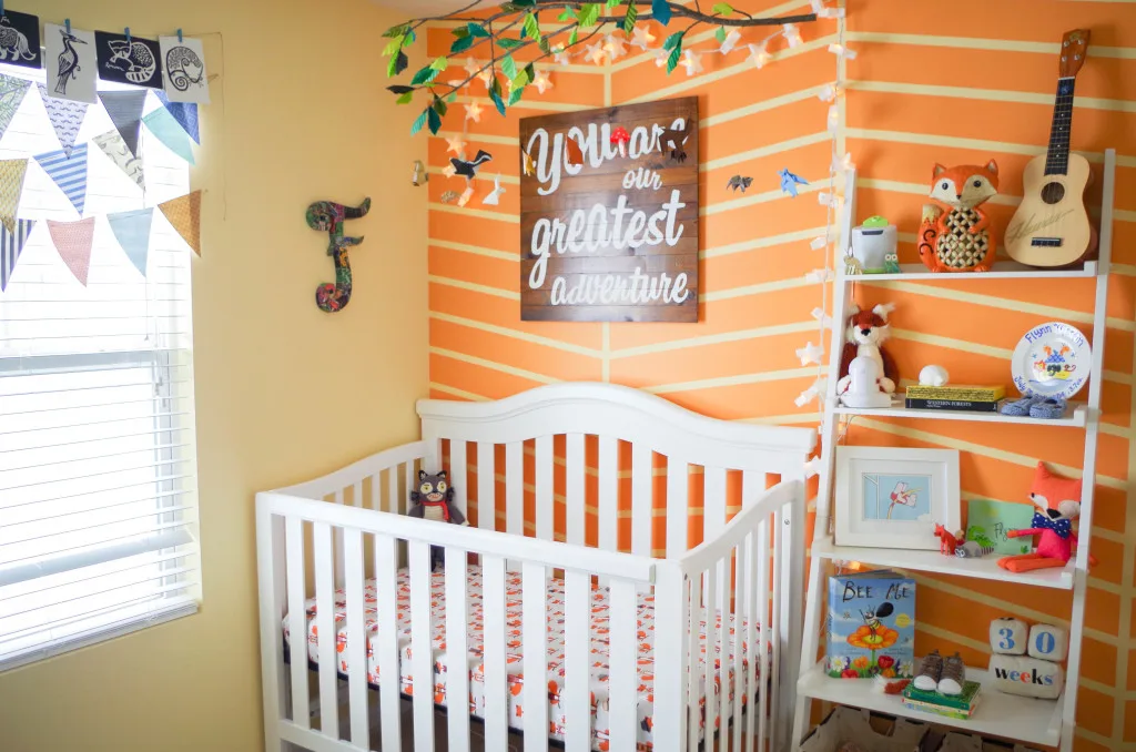 Woodland Nursery with Orange Herringbone Accent Wall - Project Nursery