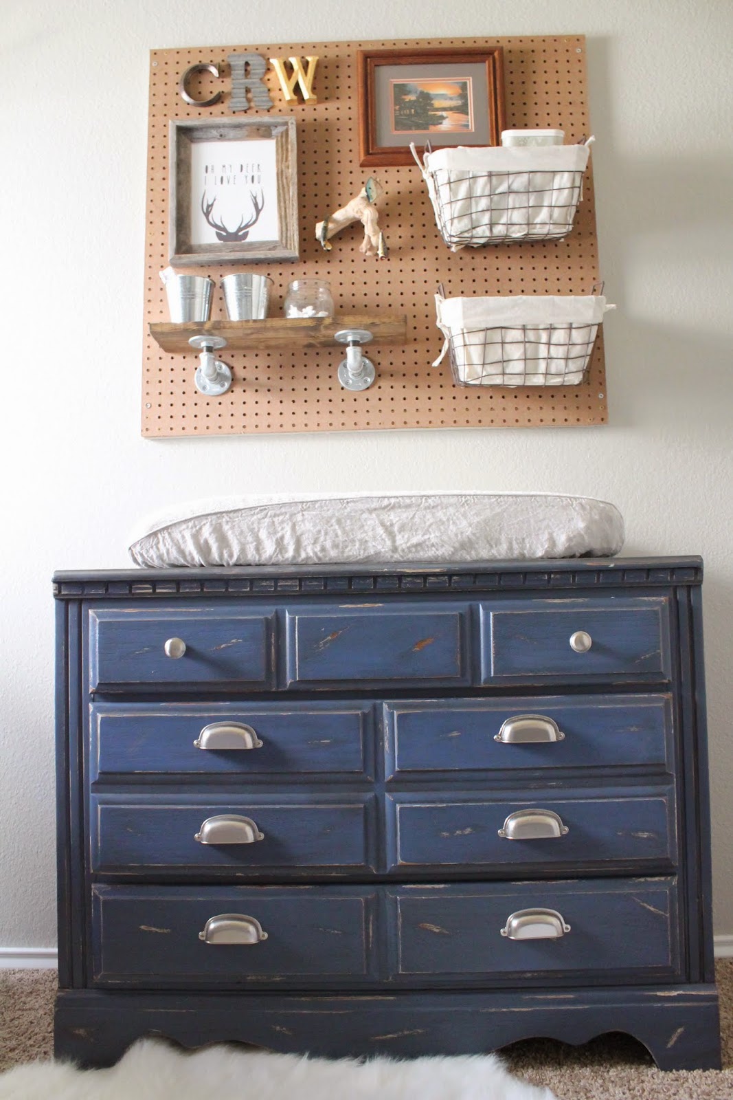 Blue Custom Painted Dresser and Pegboard Wall Unit