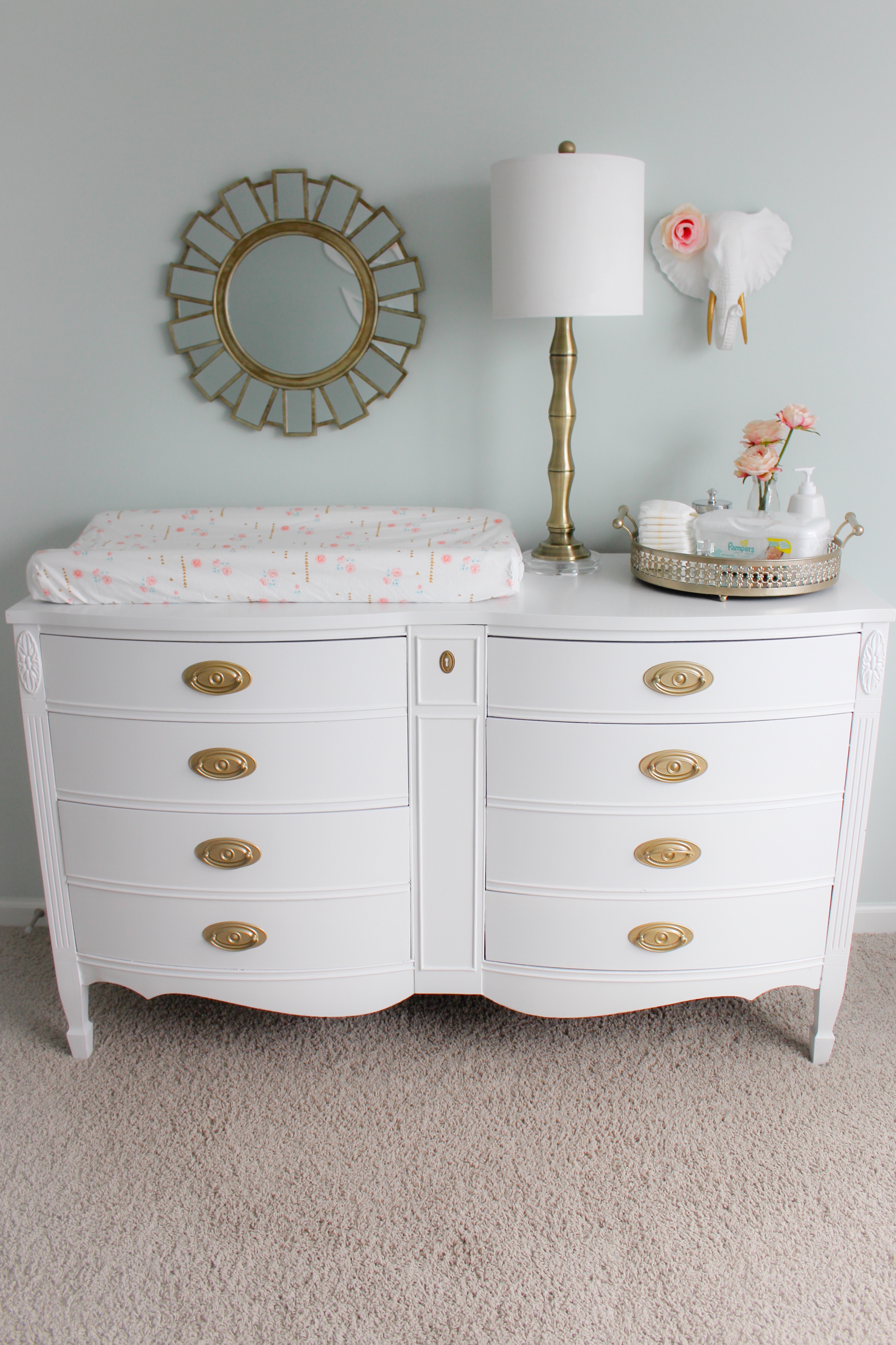 Refinished Dresser Painted White with Gold Hardware