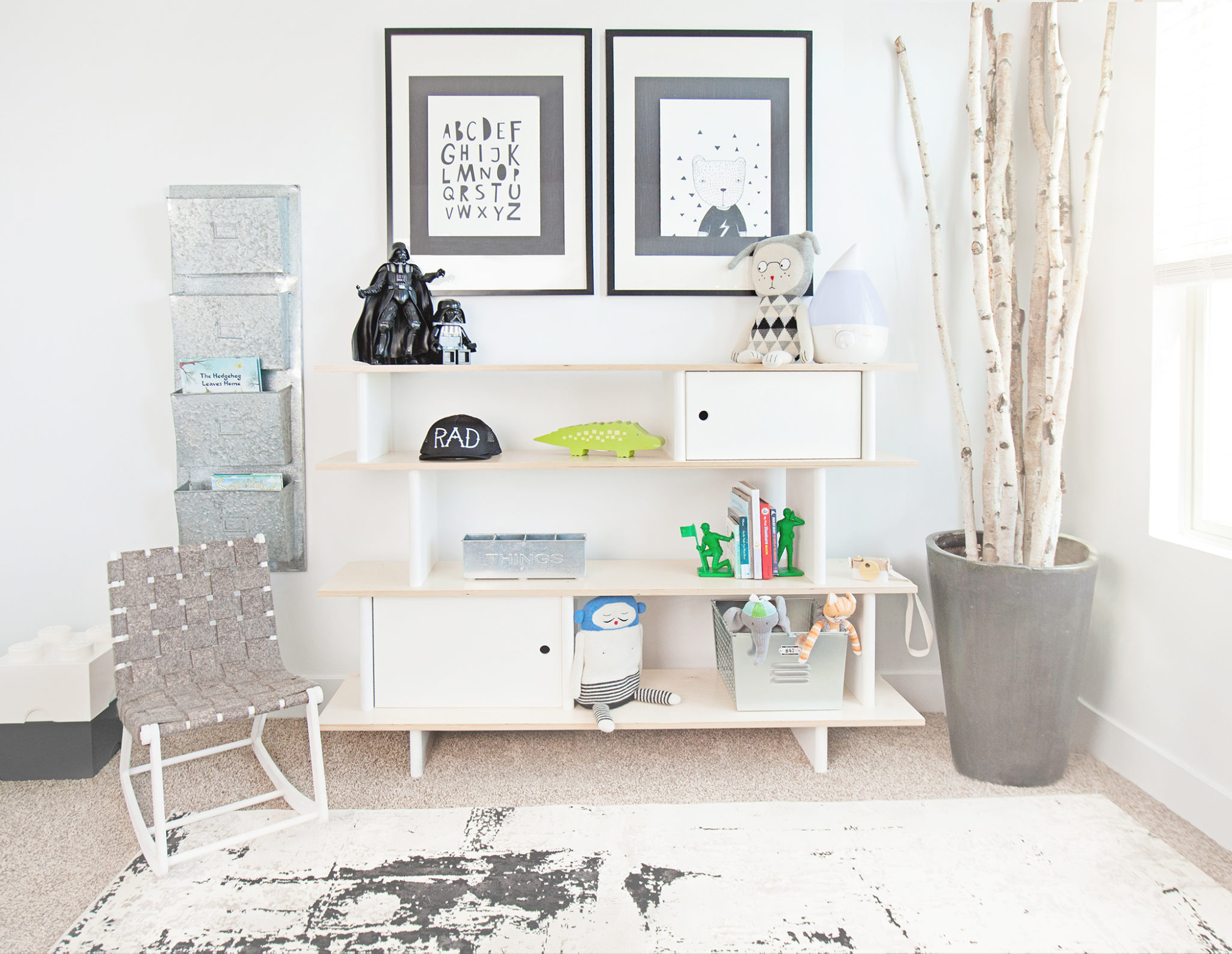 Black and White Boy's Room with Oeuf Mini Library