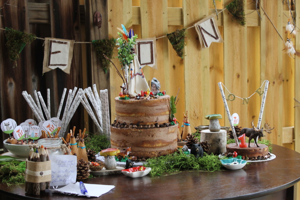 Woodland baby shower and birthday party ideas - wood cakes and dessert table
