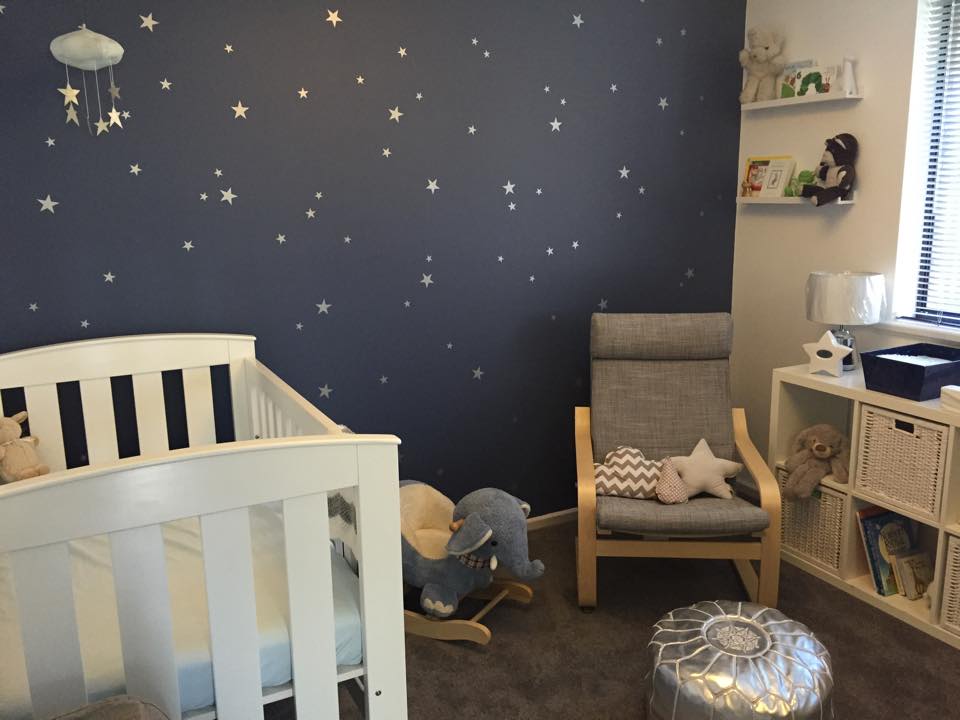 Dark Blue and Silver Star Accent Wall in this Starry Nursery