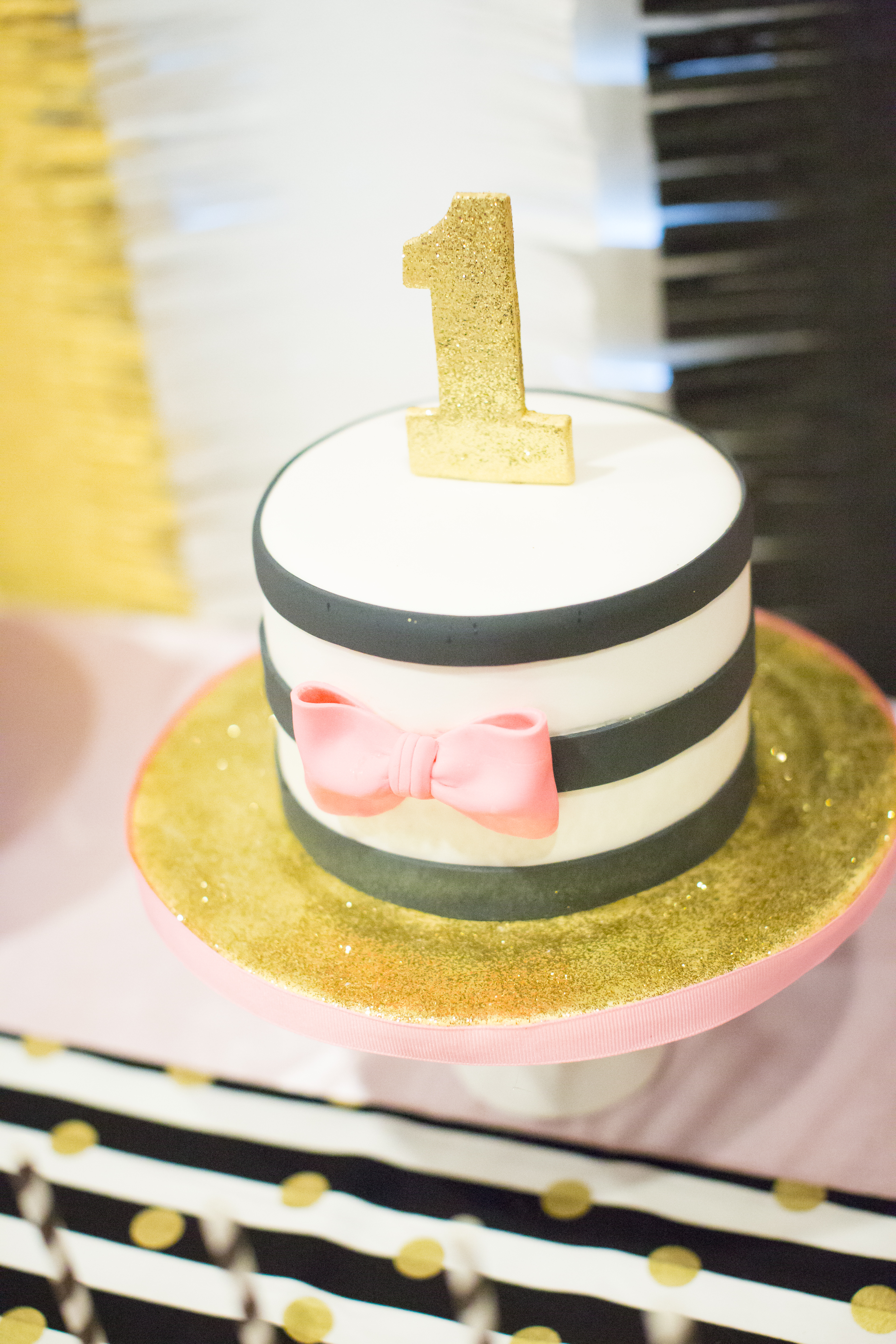 Black and White Striped 1st Birthday Cake