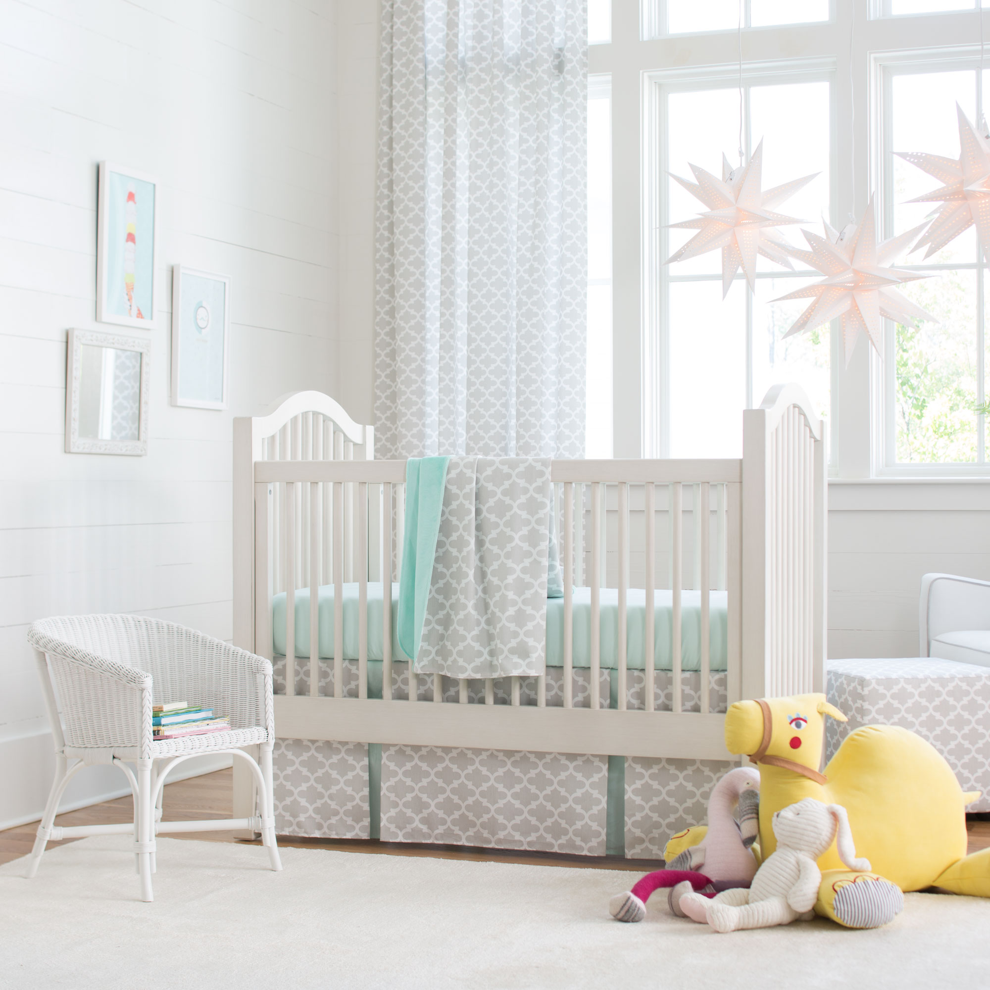 French Gray and Mint Quatrefoil Crib Bedding Collection from Carousel Designs