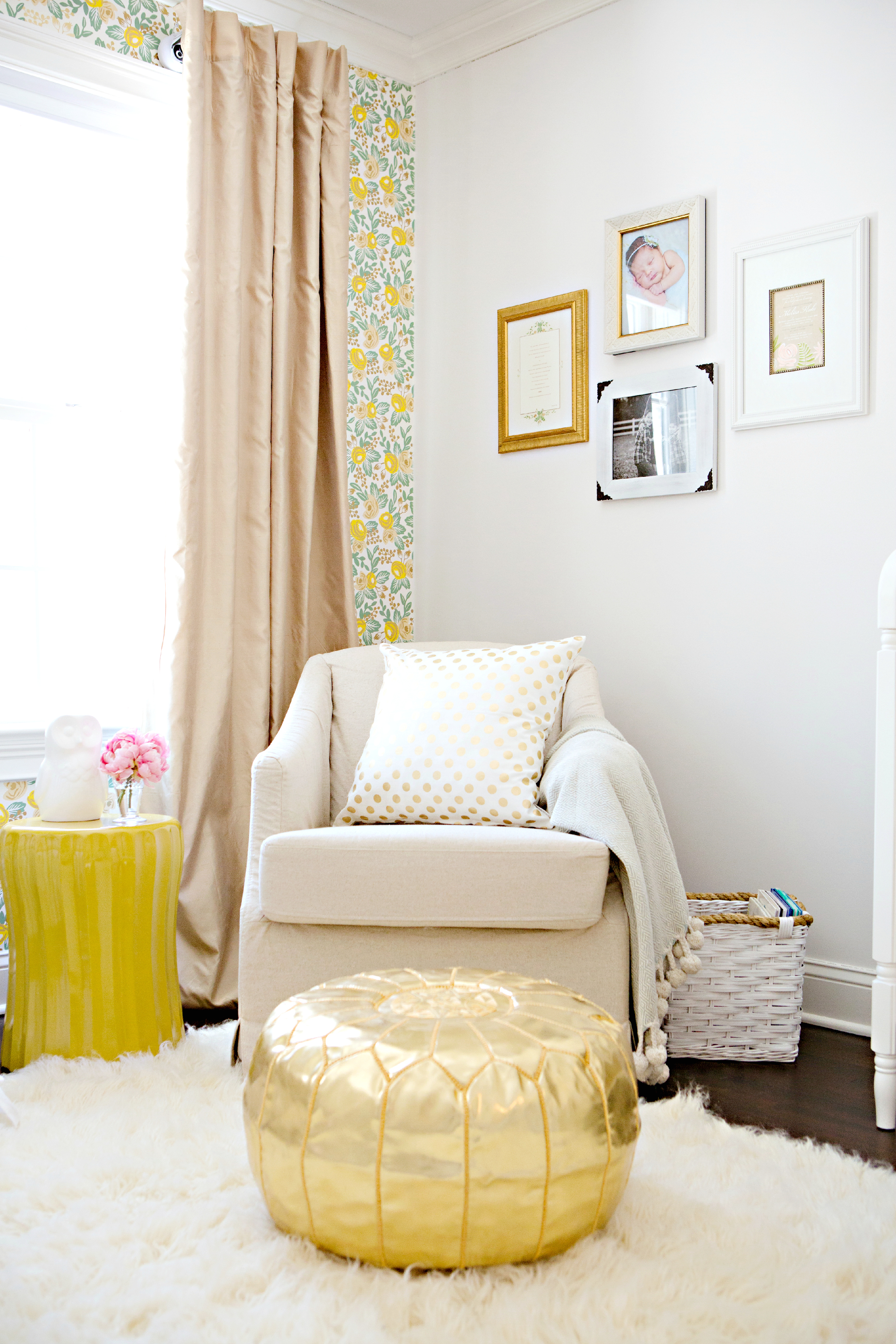 Nursing Nook with Swivel Glider and Gold Pouf - Project Nursery