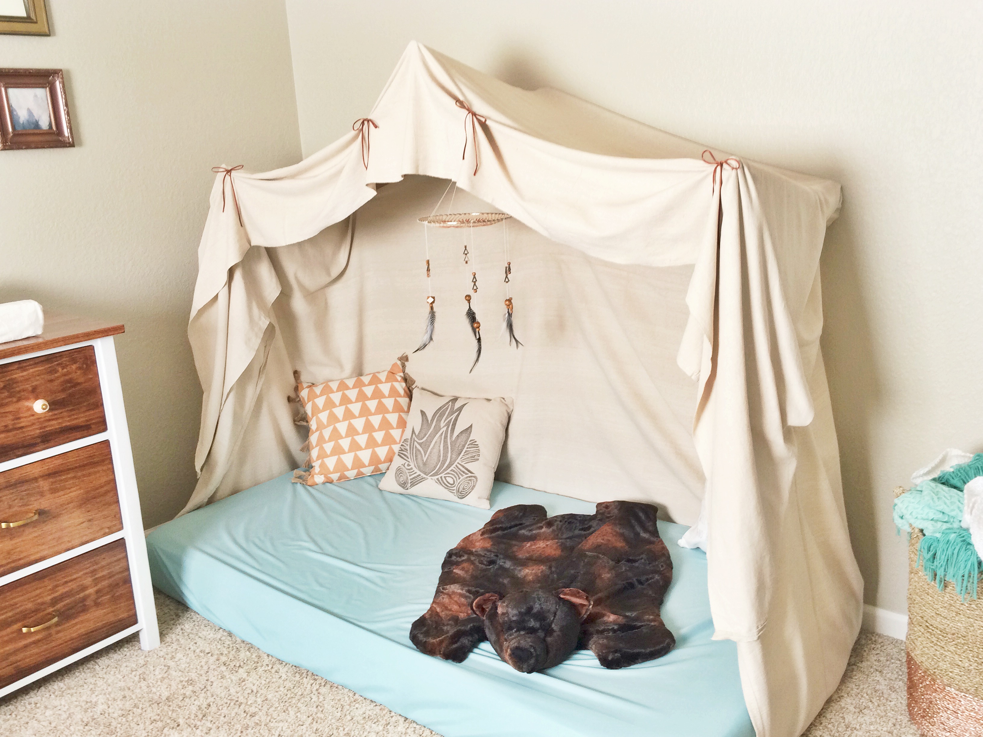 Montessori-Style Floor Bed in this Bohemian Camp Themed Nursery