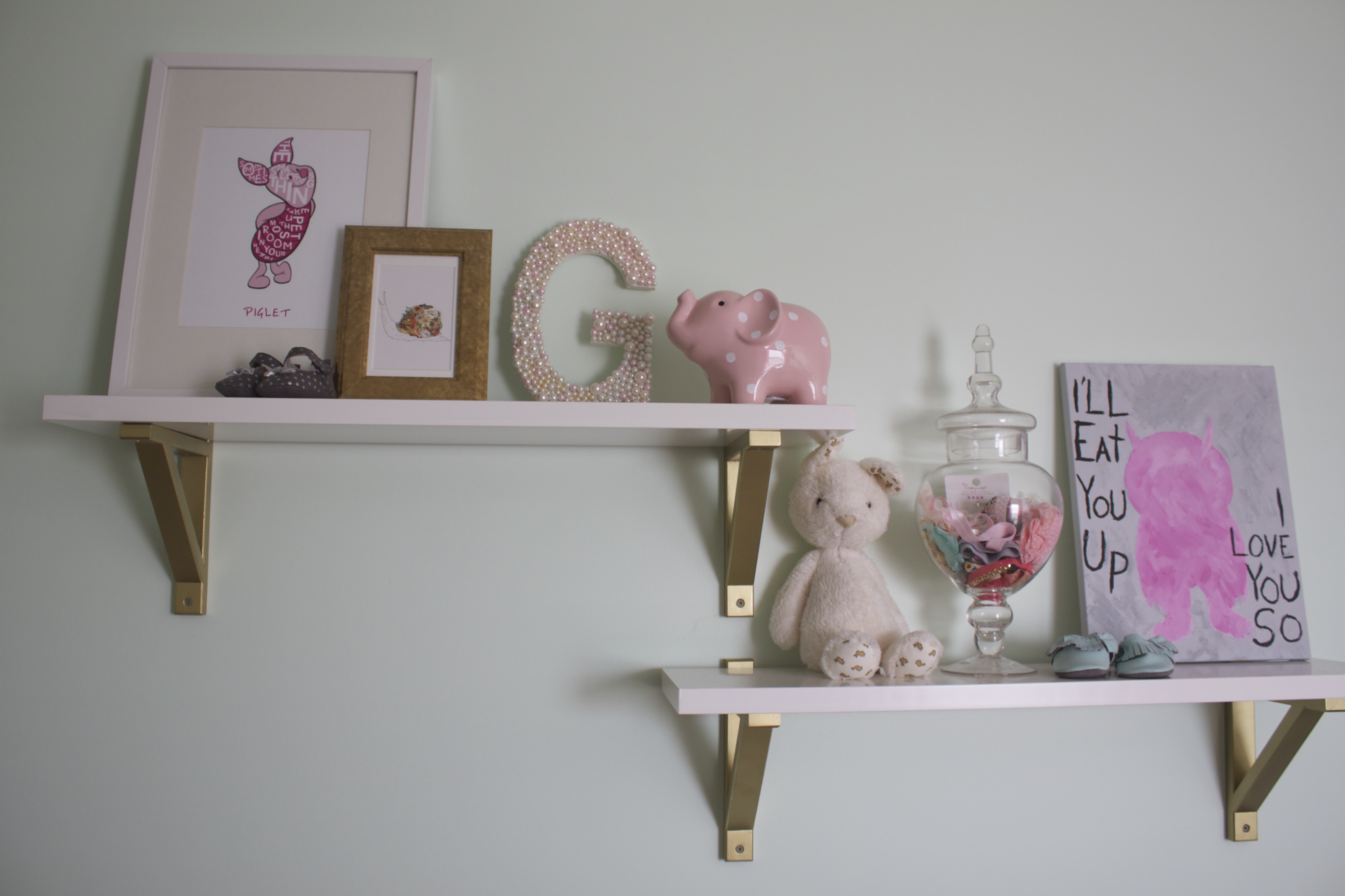 IKEA Wall Shelves with Gold Spray Painted Brackets