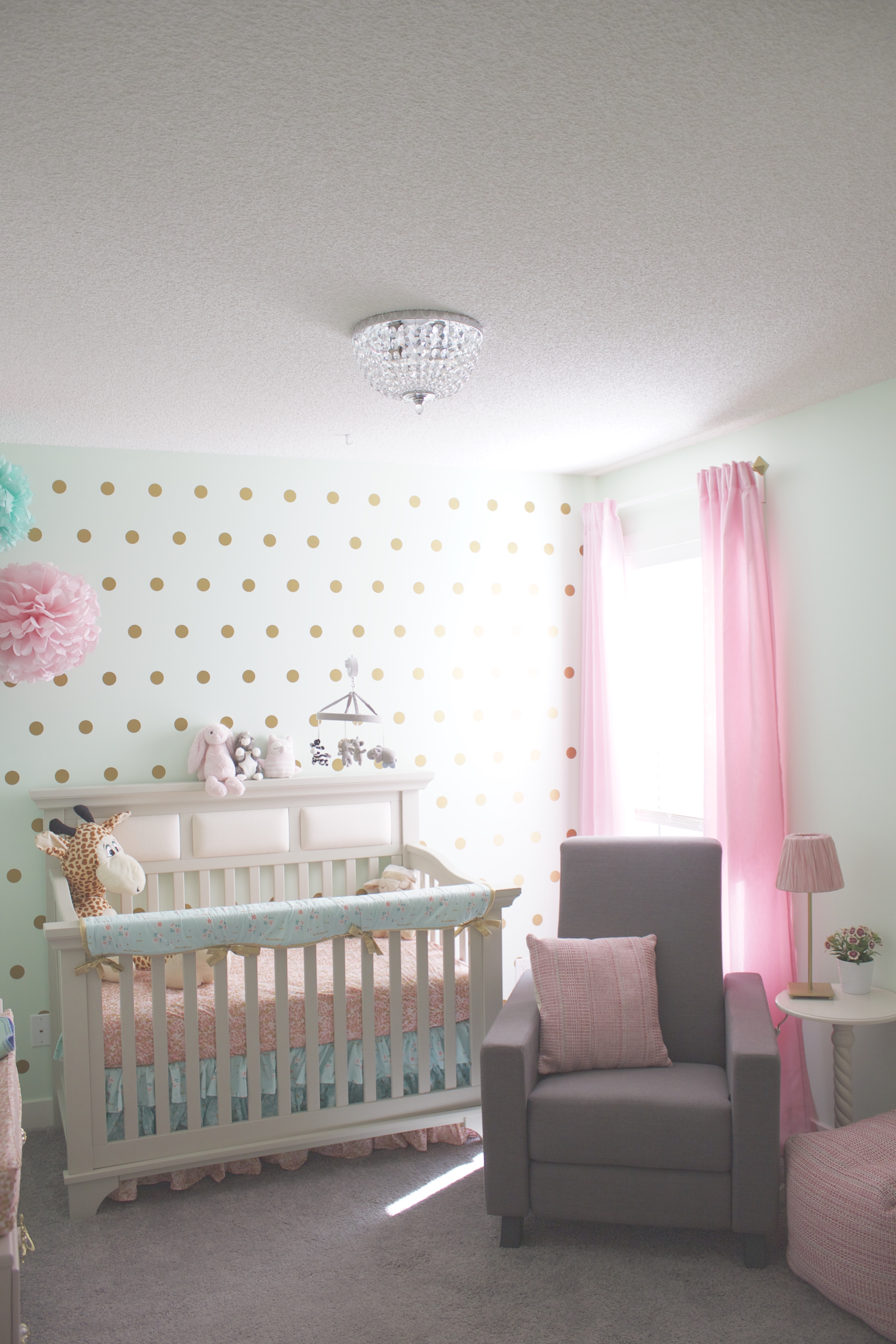 Mint and Pink Nursery with Gold Dot Accent Wall