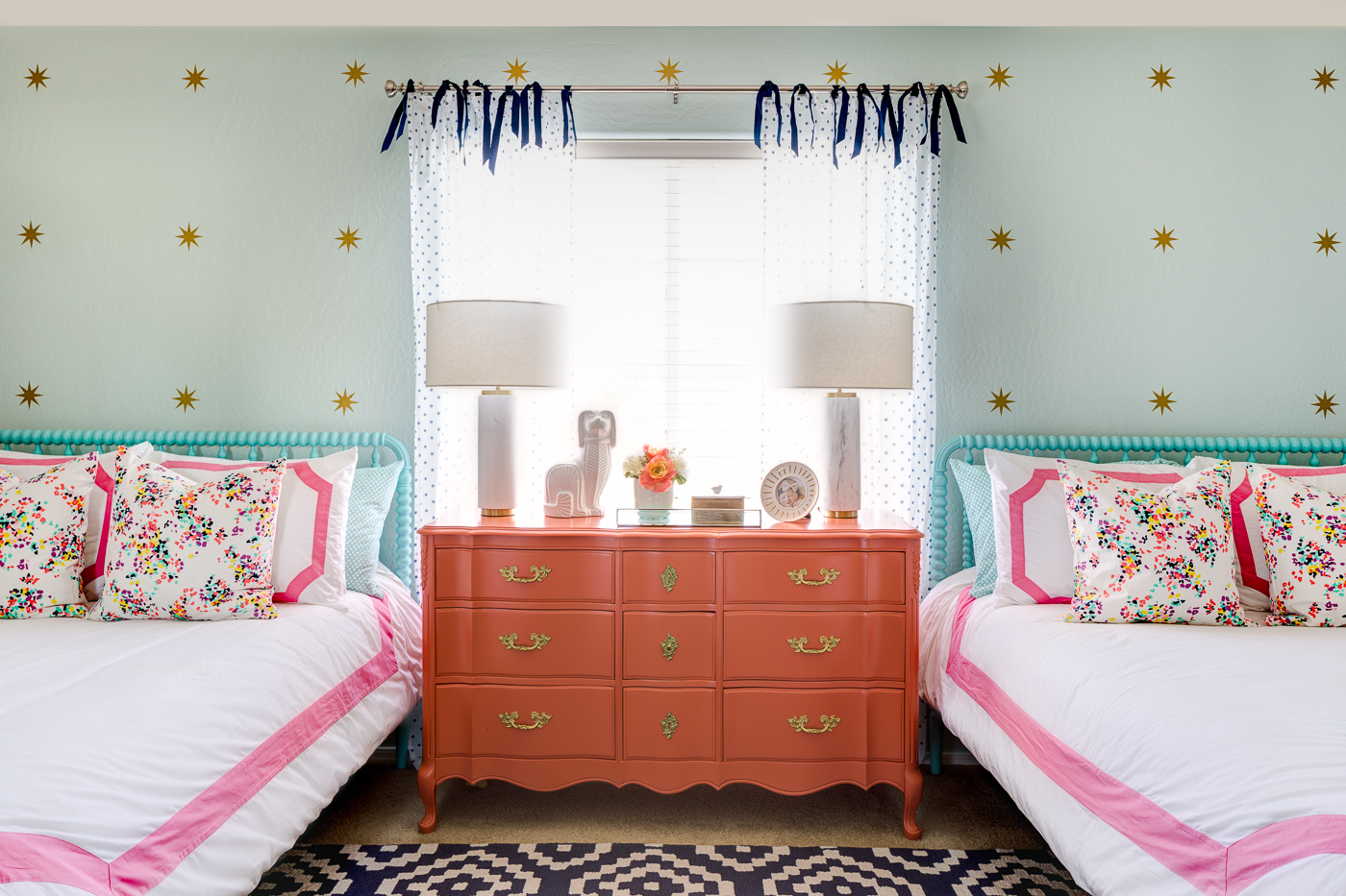 Shared Girls' Room with Turquoise Jenny Lind Beds