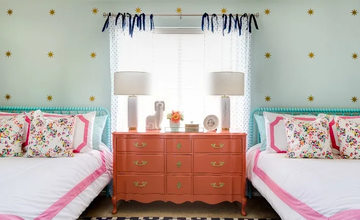 Shared Girls' Room with Turquoise Jenny Lind Beds