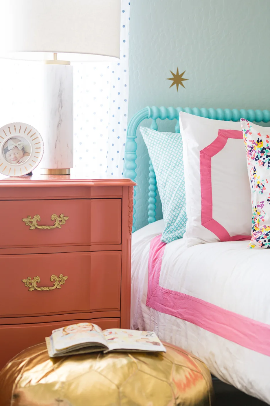 Coral Dresser and Gold Pouf