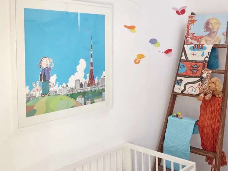 Colorful Nursery Art and Vintage Blanket Ladder