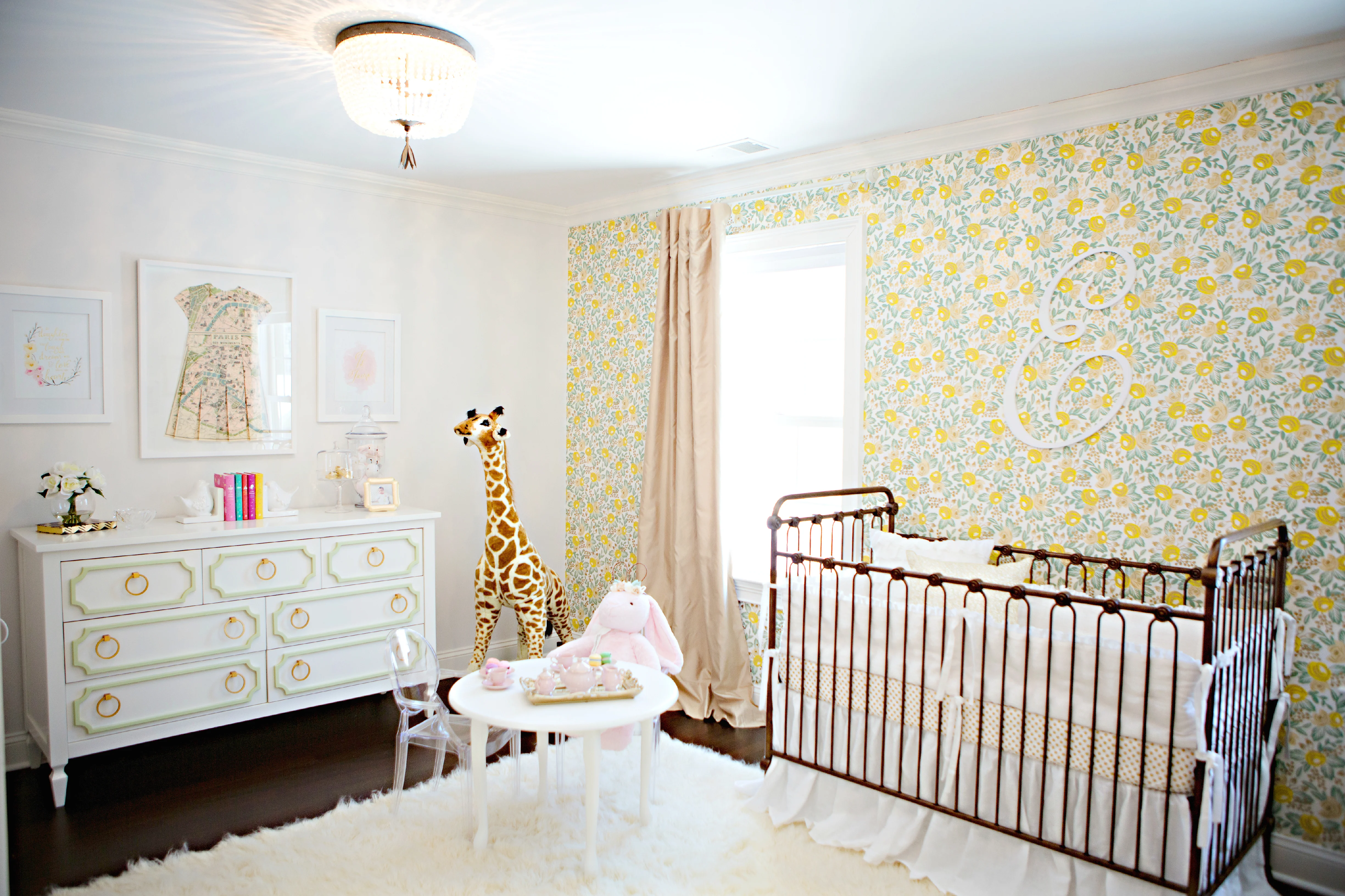 Girl's Nursery with Green and Yellow Floral Wallpaper - Project Nursery