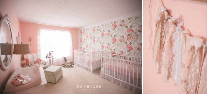 Pink Twins Nursery with Floral Wallpaper
