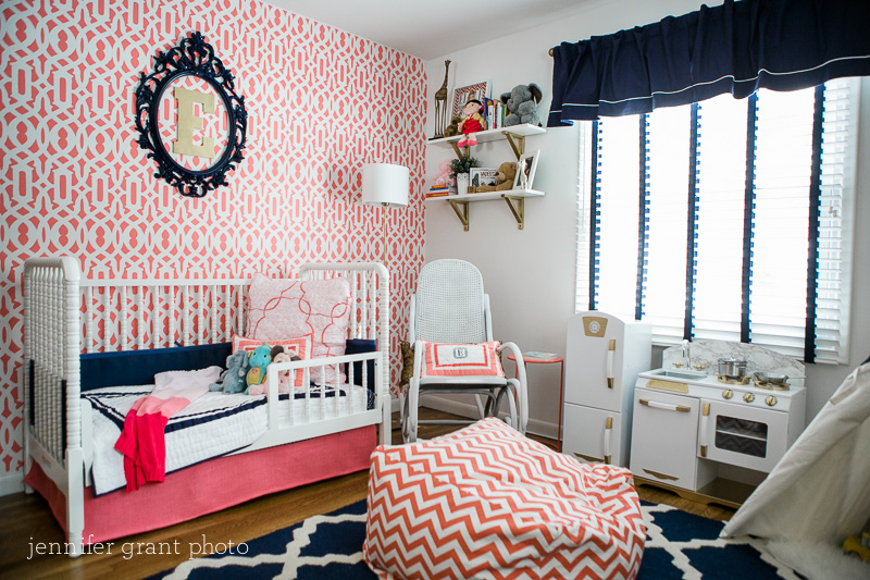 Coral and Navy Toddler Room with Stenciled Accent Wall - Project Nursery