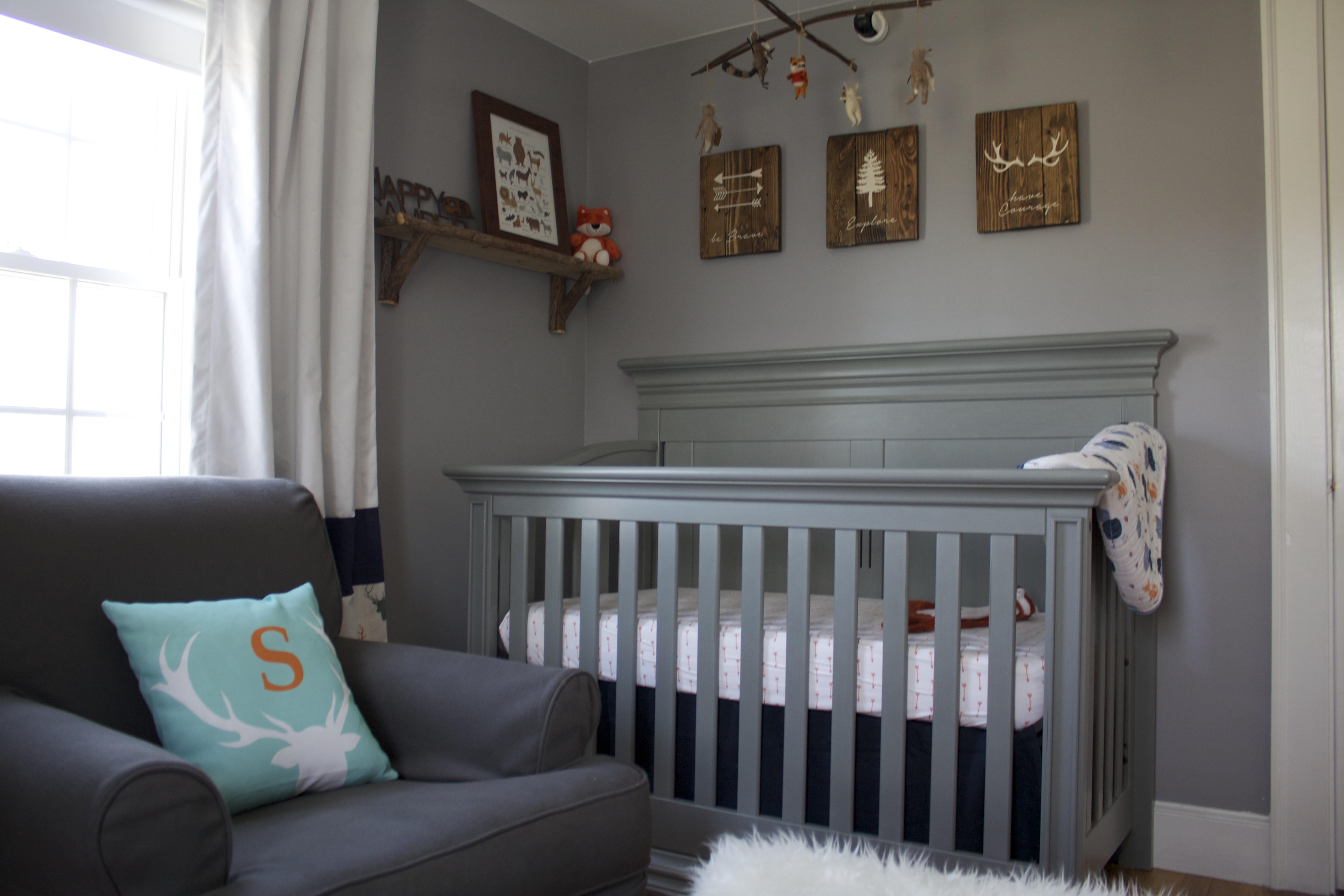 Vintage Gray Crib in this Woodland Nursery