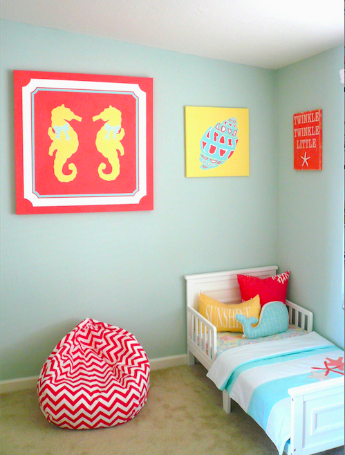 Seahorse Art in this Coral and Aqua Coastal Nursery