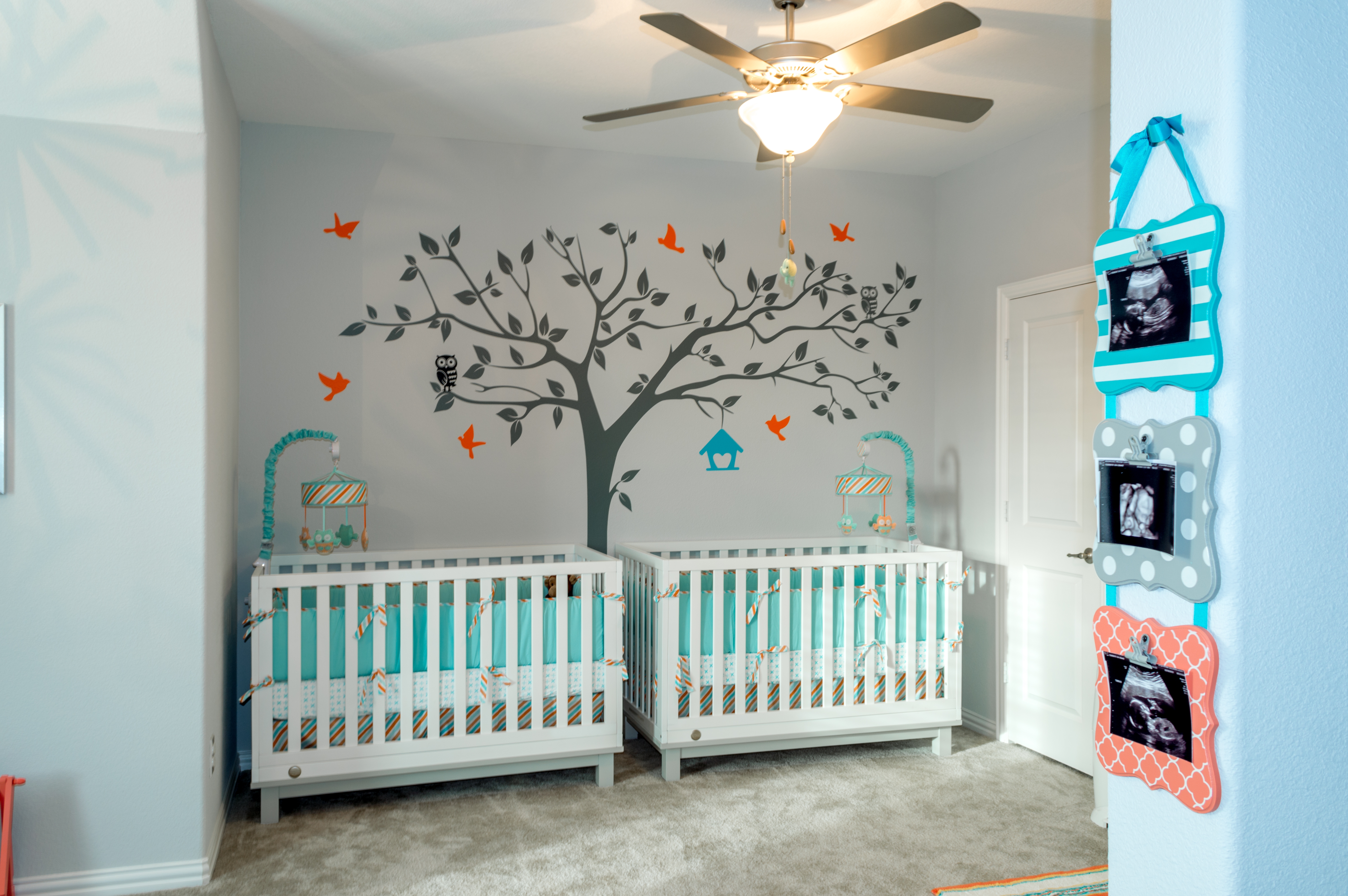 Grey, Aqua and Orange Neutral Twin Nursery