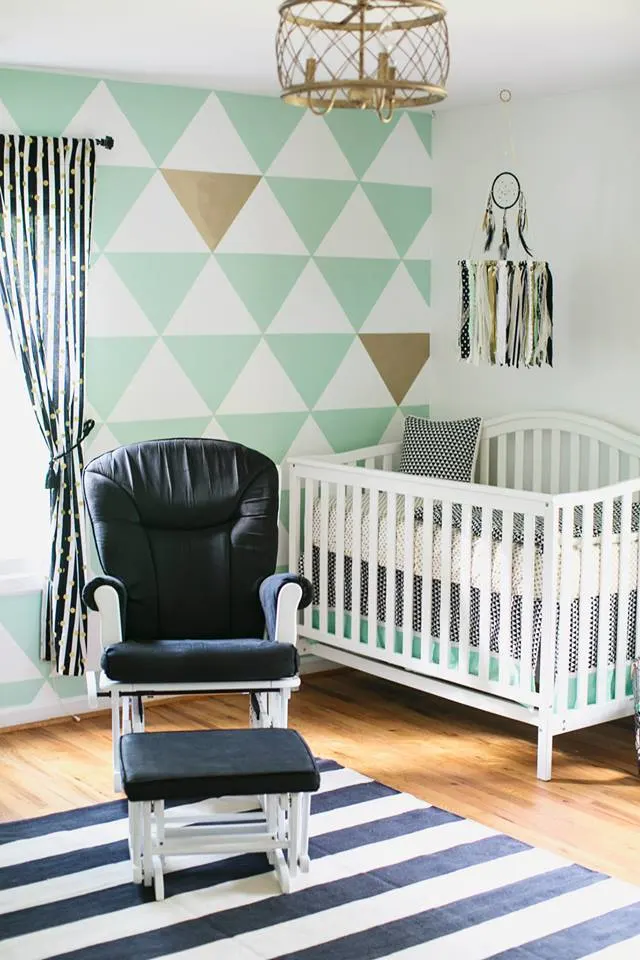 Mint, Black and White Nursery with Triangle Accent Wall