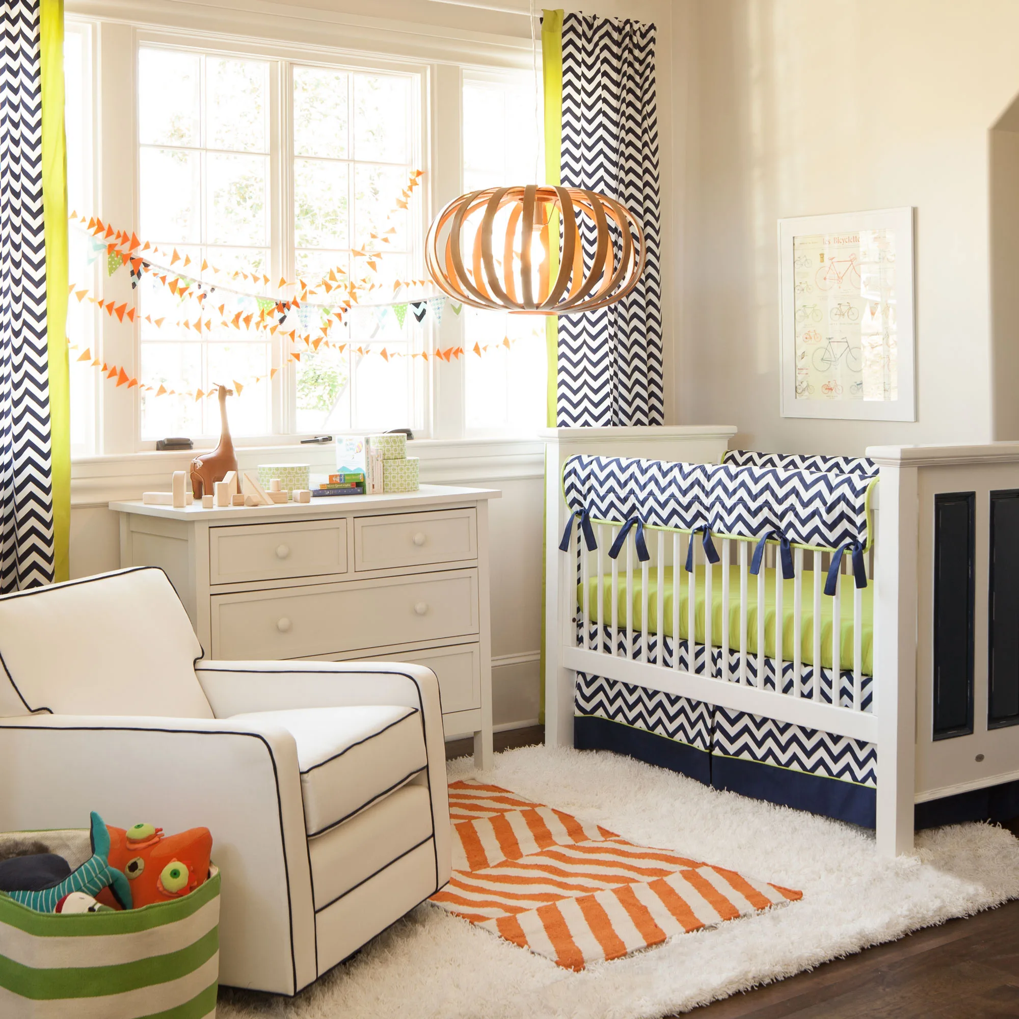 Navy and Citron Zig Zag Crib Bedding from Carousel Designs
