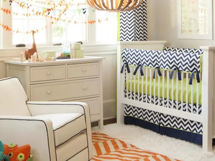 Navy and Citron Zig Zag Crib Bedding from Carousel Designs