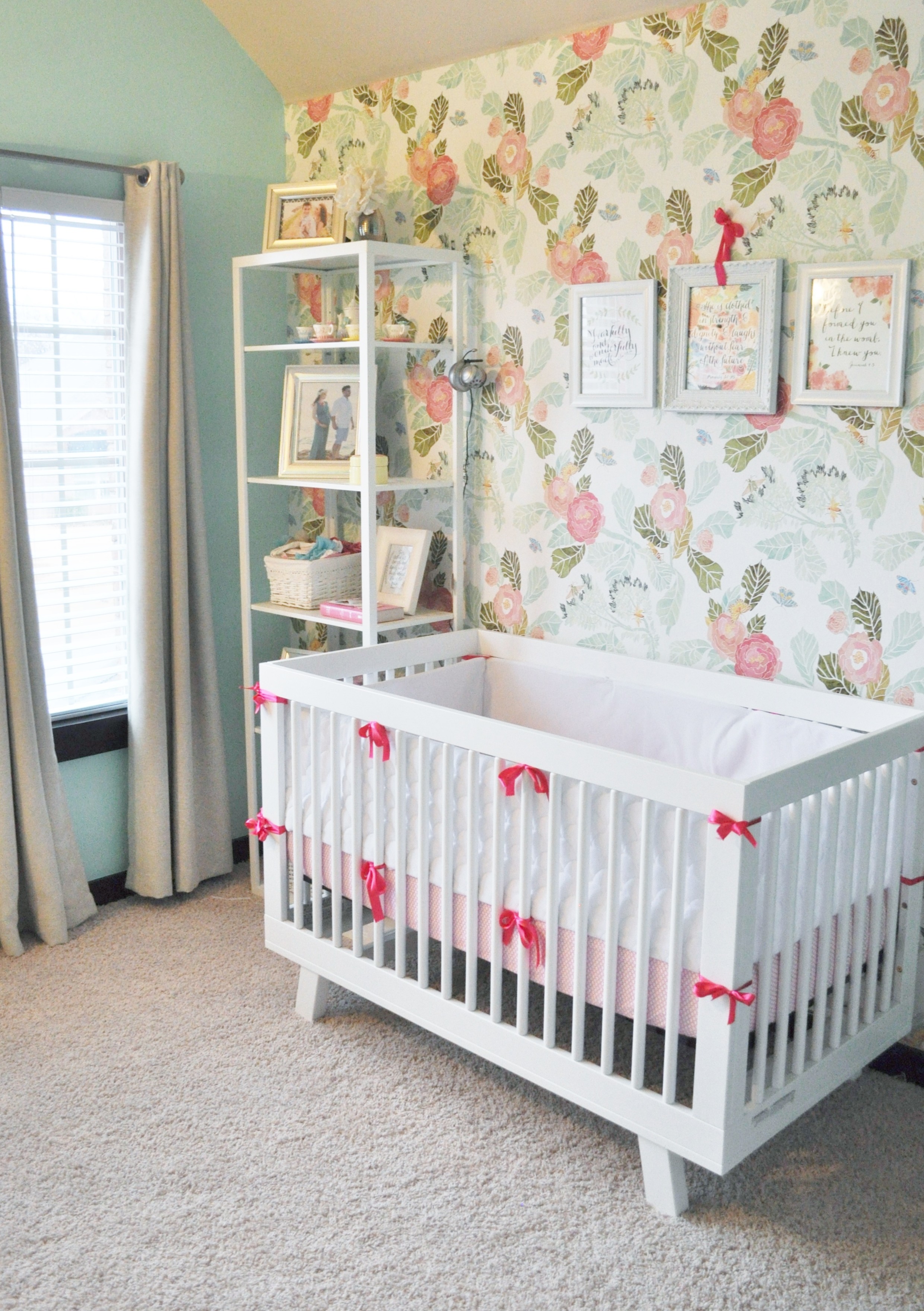 Contemporary White Crib in this Floral Pink Peony and Mint Nursery