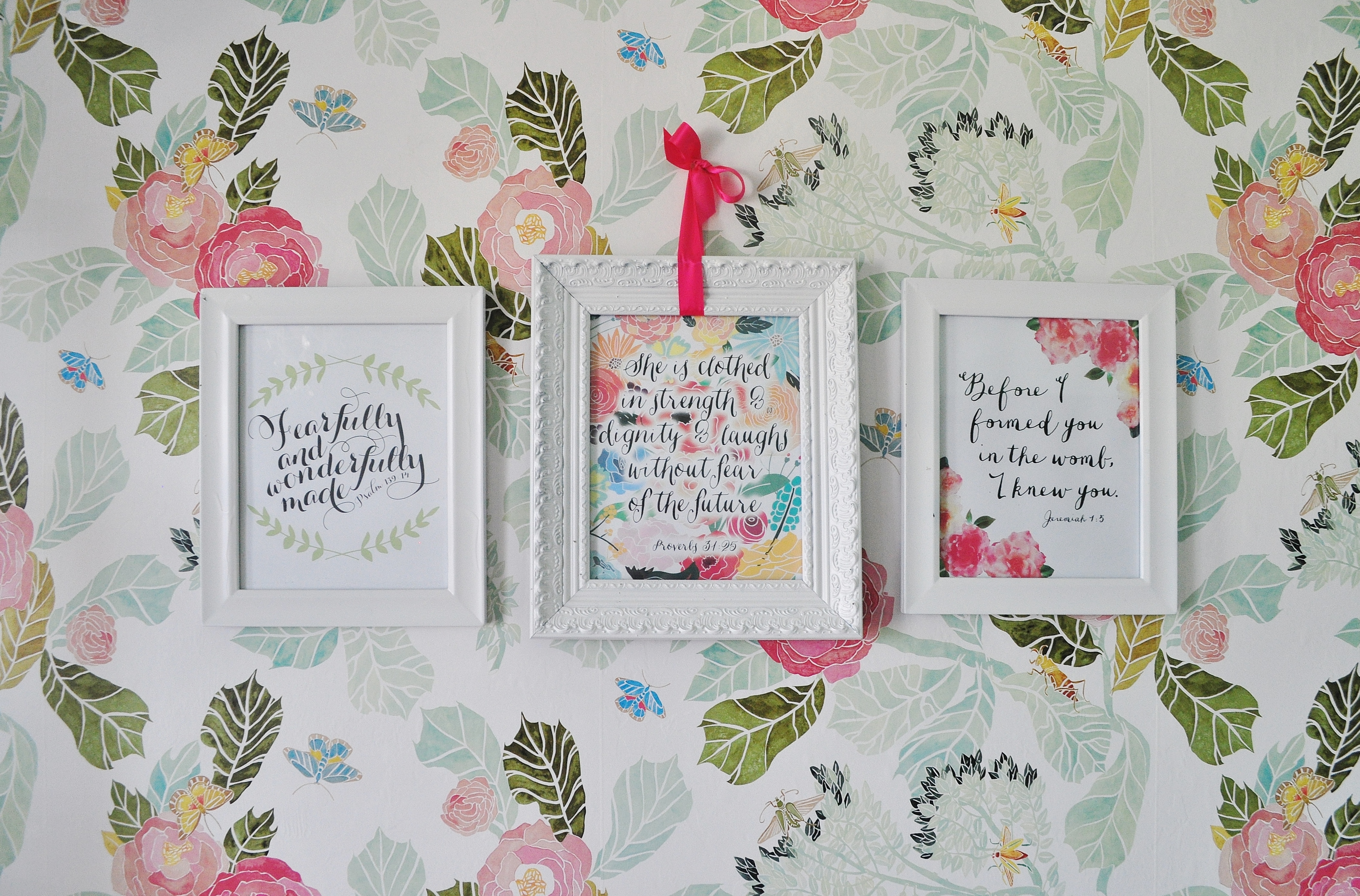 Nursery Scriptures in this Contemporary White Crib in this Floral Pink Peony and Mint Nursery