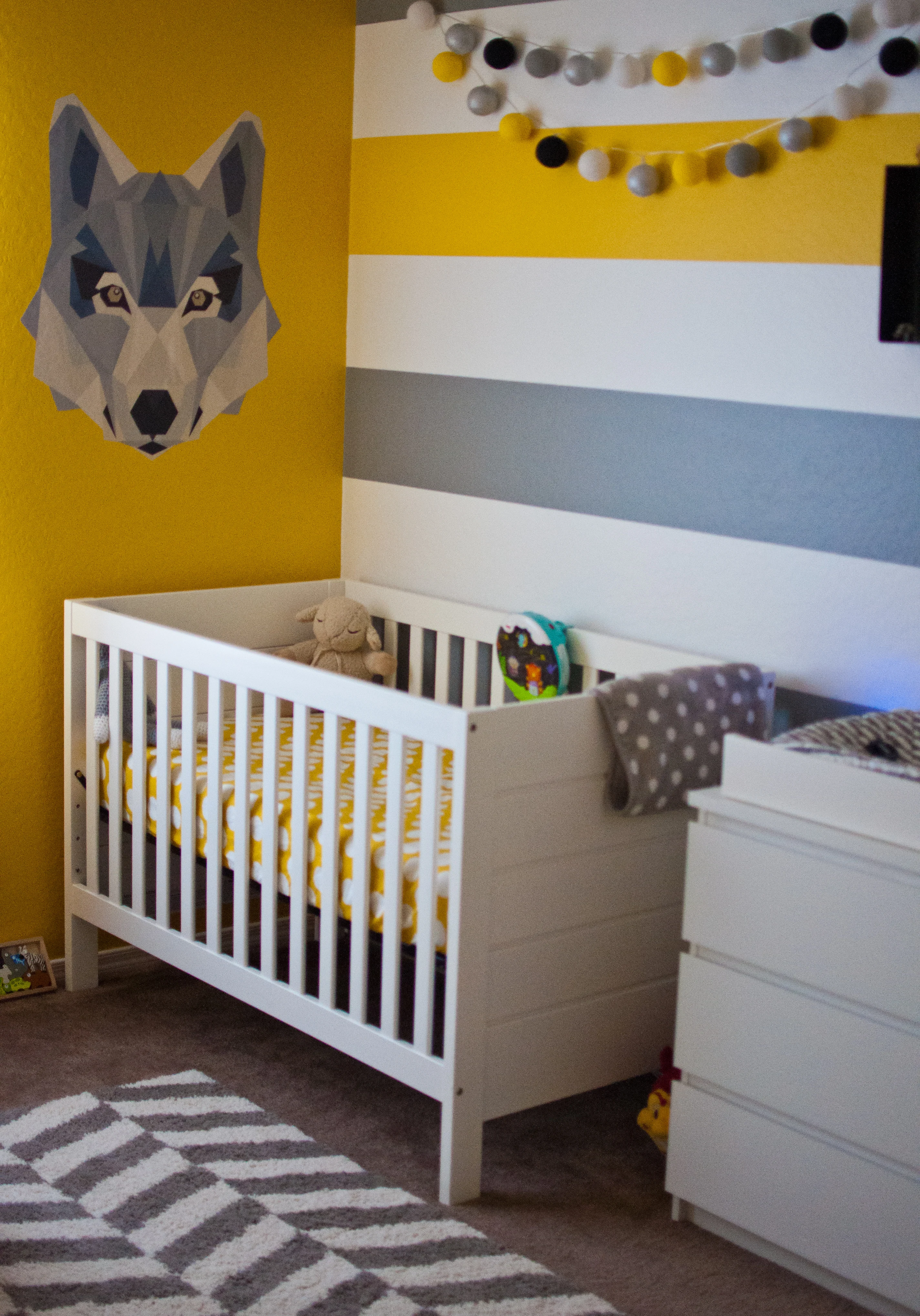 Yellow, White and Gray Striped Accent Wall
