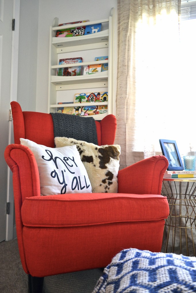 Bright Red Wingback Chair in this Woodland Nursery