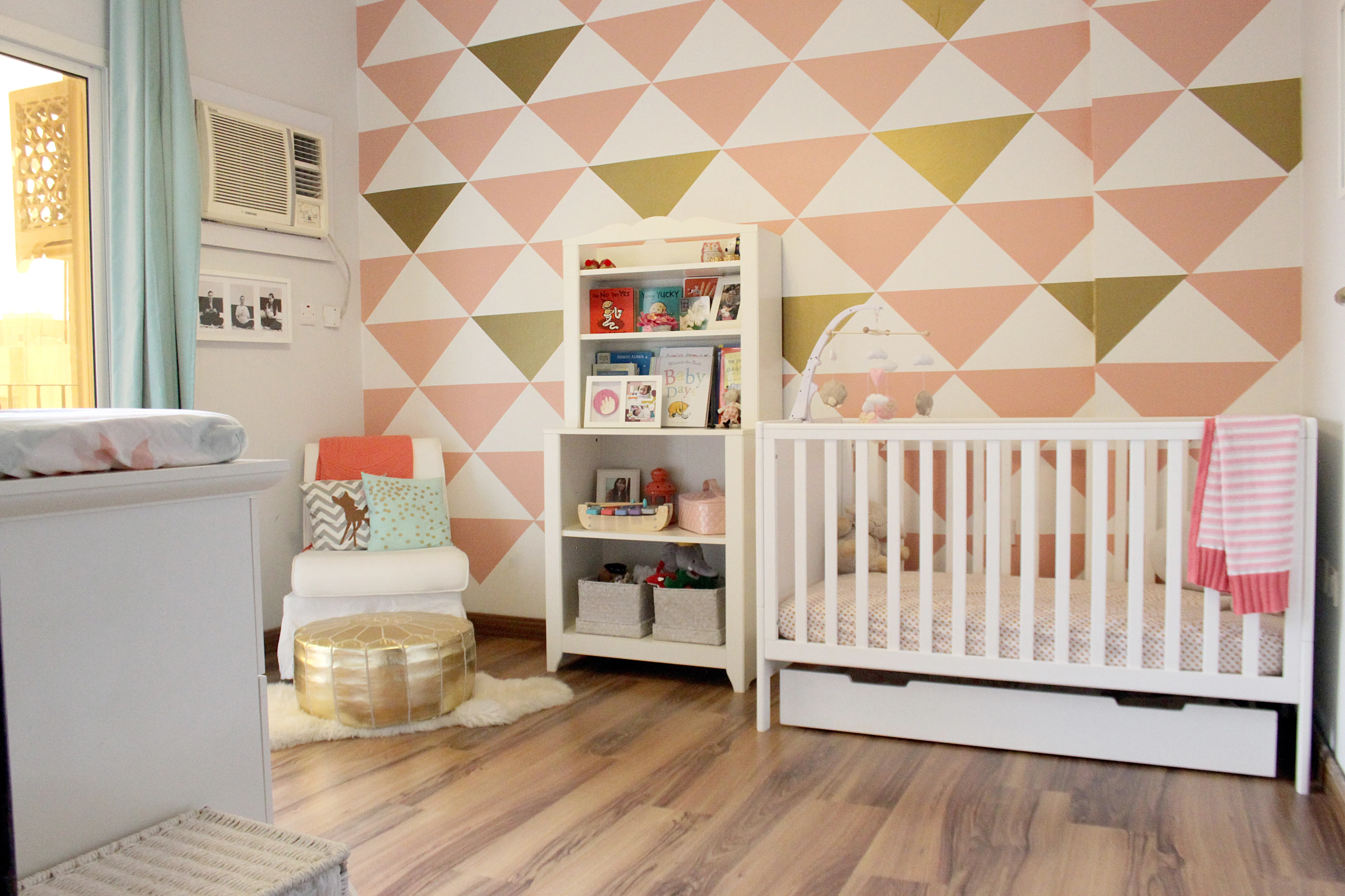 Peach and Mint Nursery with Triangle Decal Accent Wall