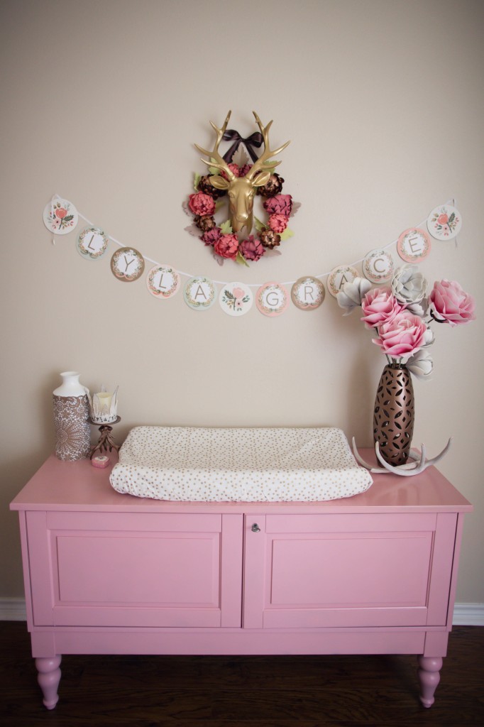 Pink Changing Table and Floral Wreath - Project Nursery