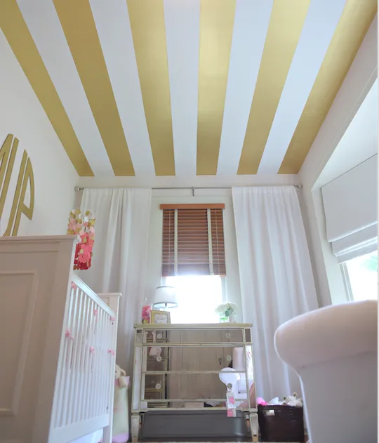 White Nursery with Gold Striped Ceiling - Project Nursery