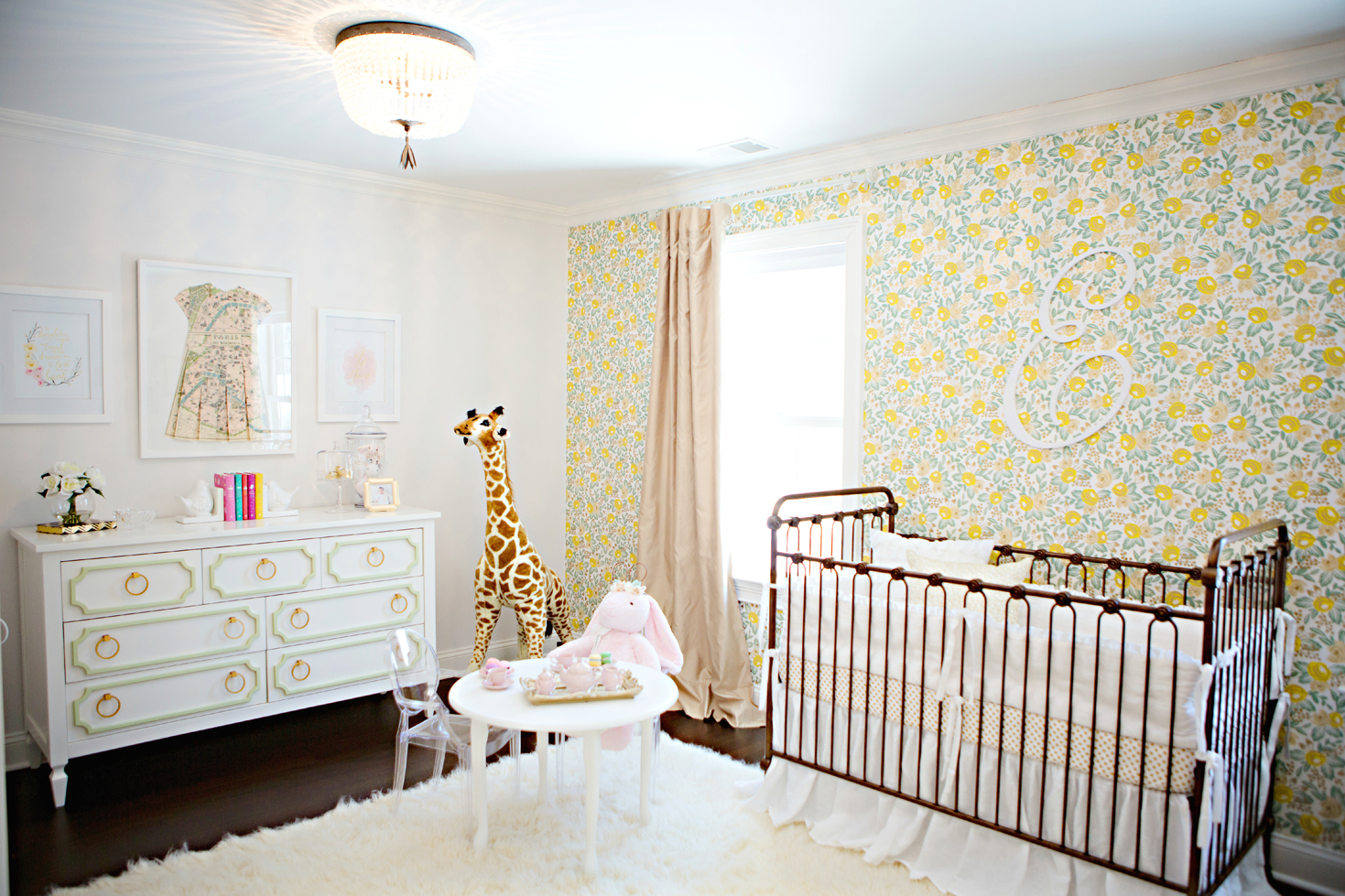 Feminine Nursery with Green and Yellow Rose Wallpaper - Project Nursery