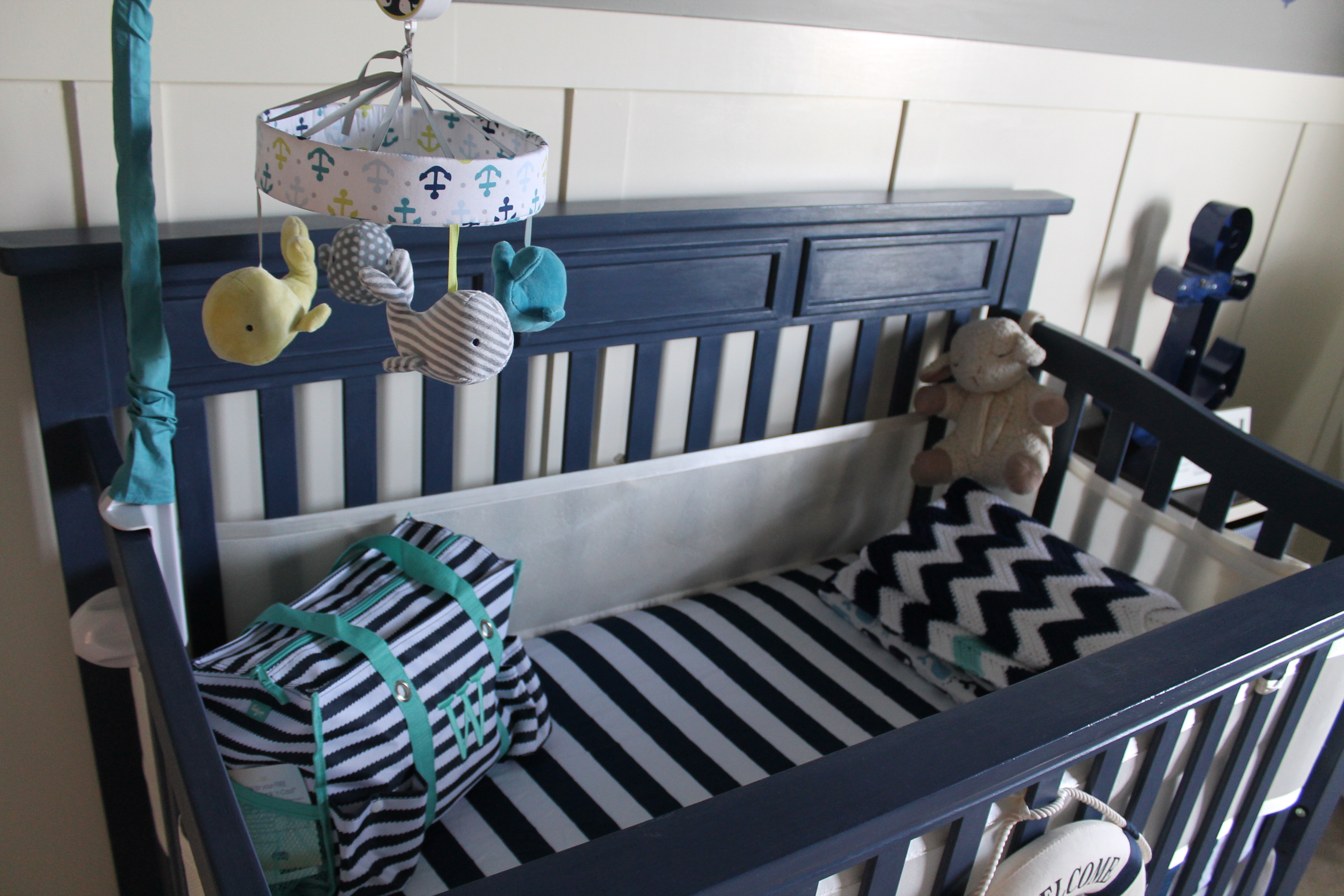 Navy Crib with Chevron and Stripe Bedding