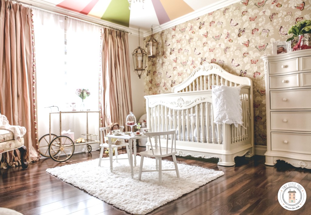 Girl's Nursery with Butterfly Wallpaper and Faux Carousel Canopy Ceiling - Project Nursery