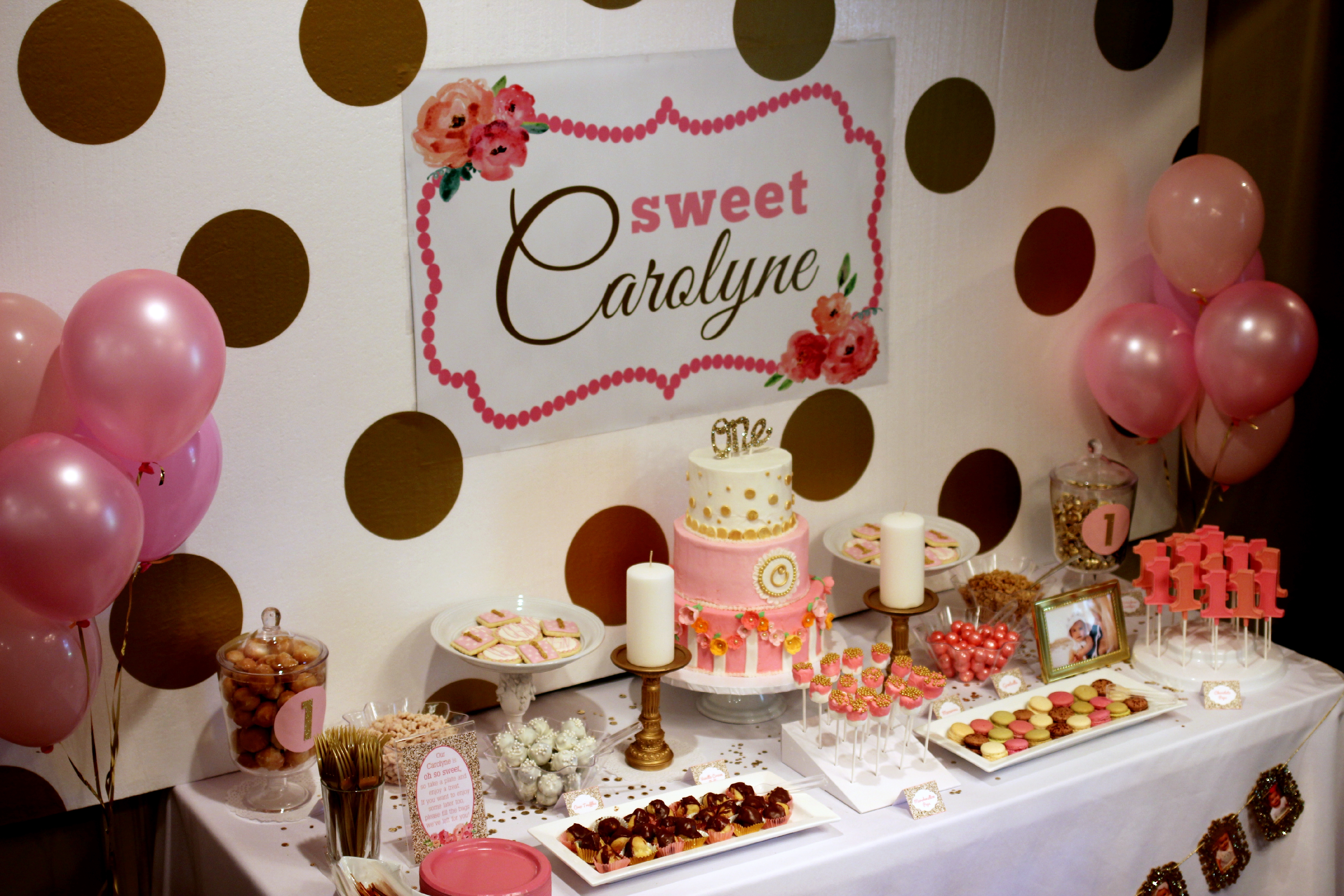 Sweet Carolyne 1st Birthday Party Dessert Table