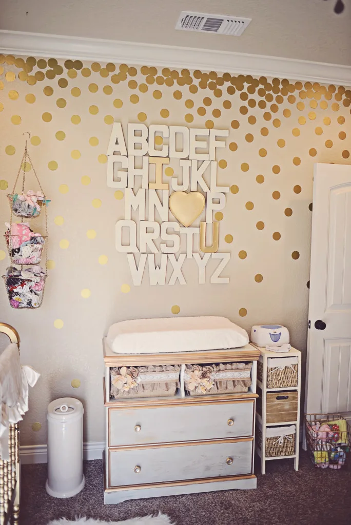 Gold Polka Dot Accent Wall and Alphabet Art - Project Nursery