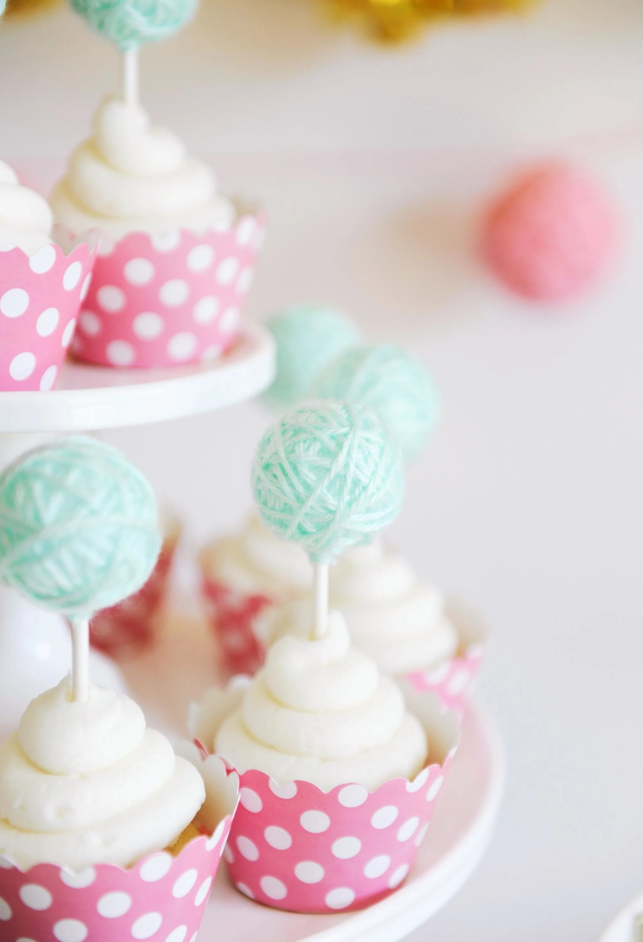 Cupcakes with Yarn Ball Toppers