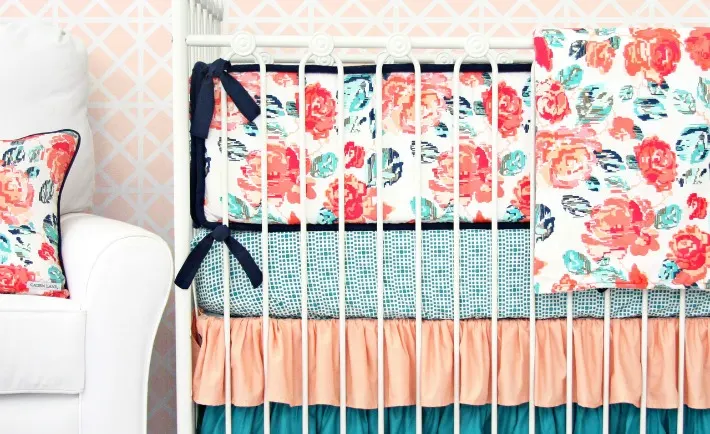 Coral and Navy Garden Baby Bedding from Caden Lane