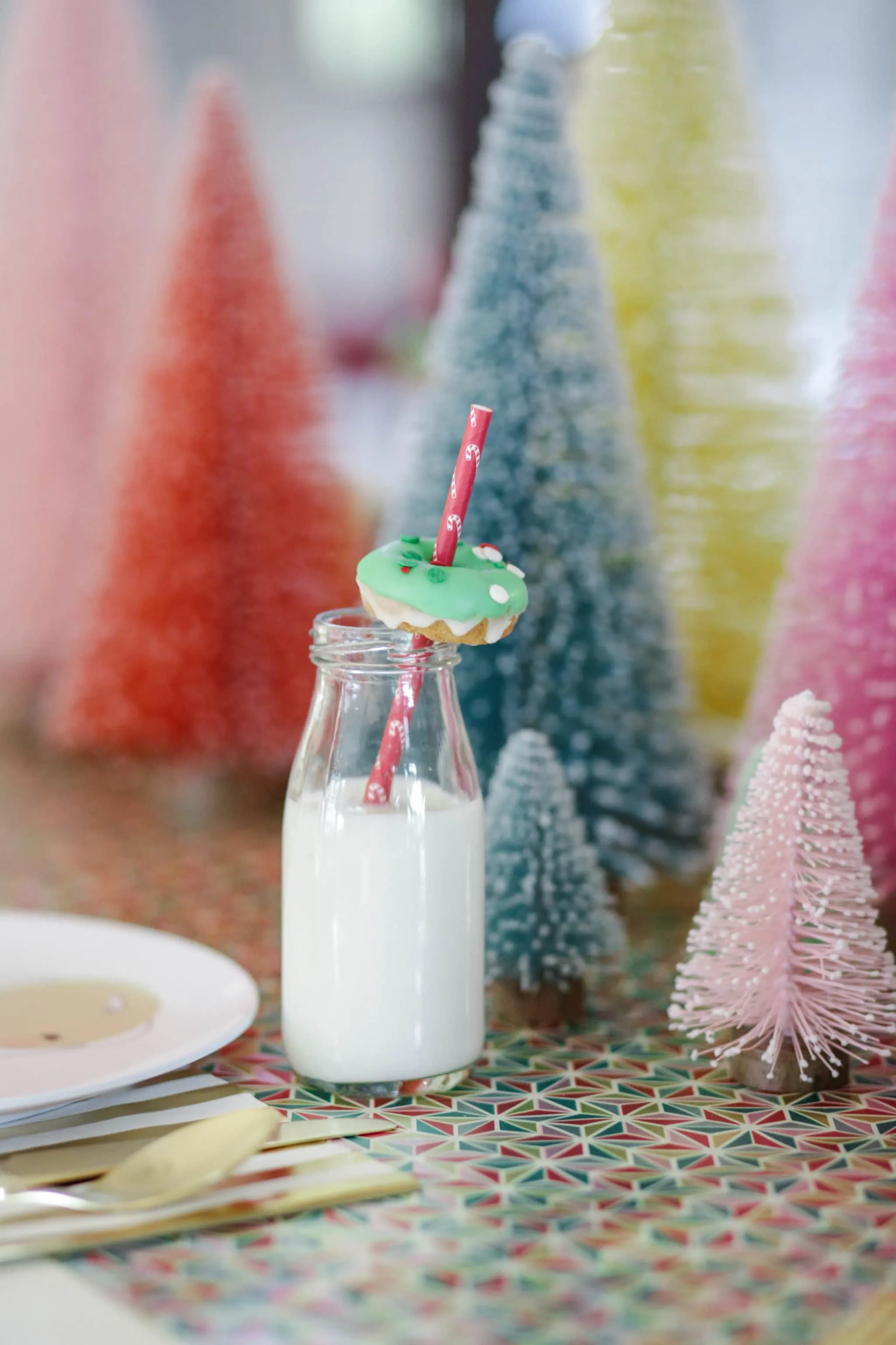 Mini Donut Around a Paper Straw with Glass Milk Bottles