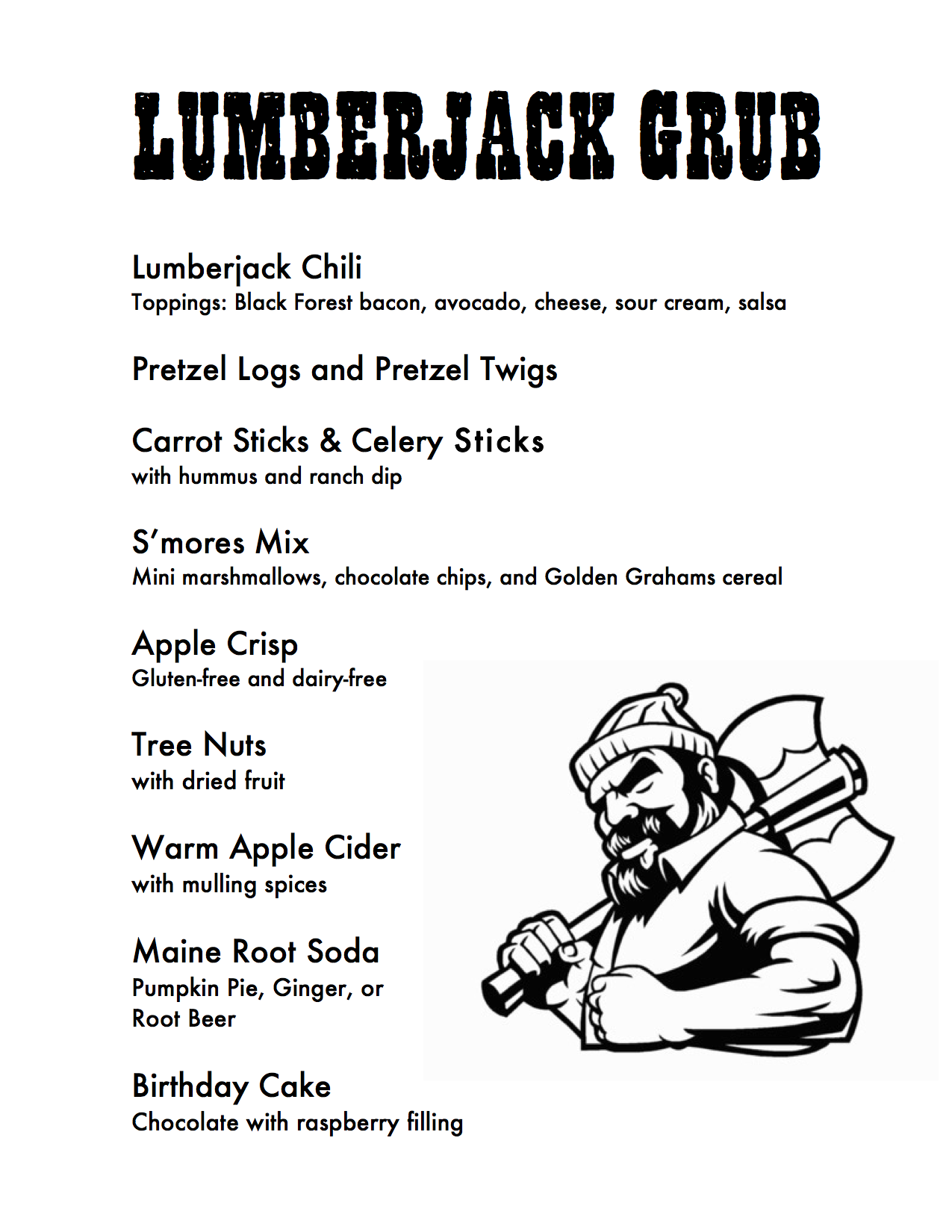 Lumberjack Grub Menu