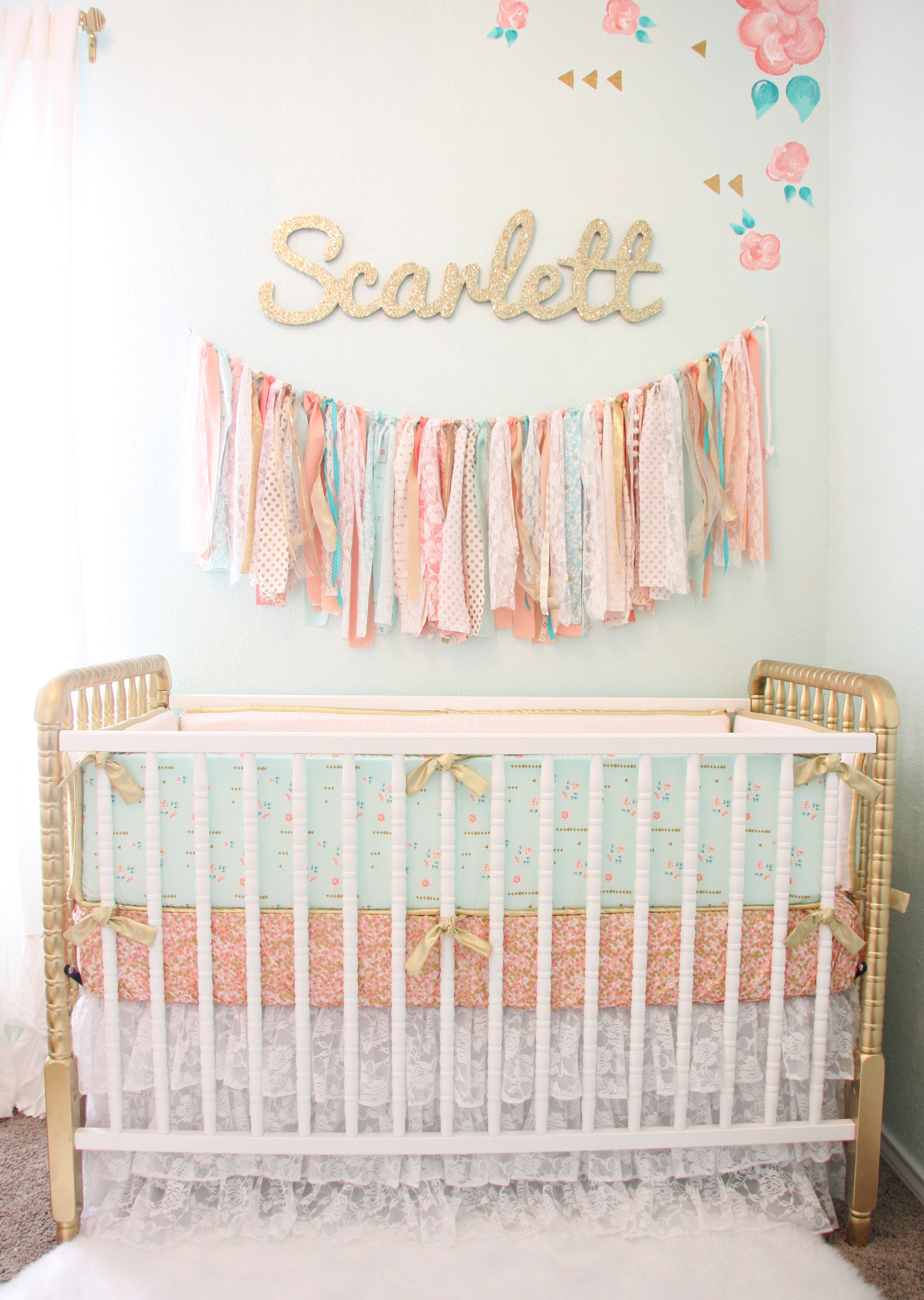 pink and gold nursery bedding